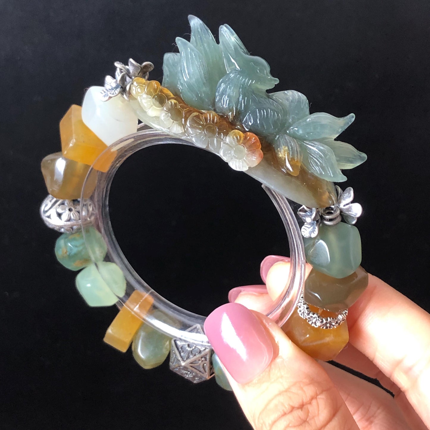 Natural Xiu Jade Serpentine Hand Carved Nine-tailed Fox Charm & Flower with Irregular Bead Bracelet | Green Blue Brown White Jade | Vintage Tibetan Silver Accessory| Gift for her bracelet jade carving hand engraved green jade blue jade brown jade white jade hand engraved jade bracelet hand carved jade charm hand engraved jade pendant irregular bead bracelet elastic stretch bracelet dangle bracelet silver accessory vintage bracelet antique bracelet green jade nine tail fox carving engraved fox