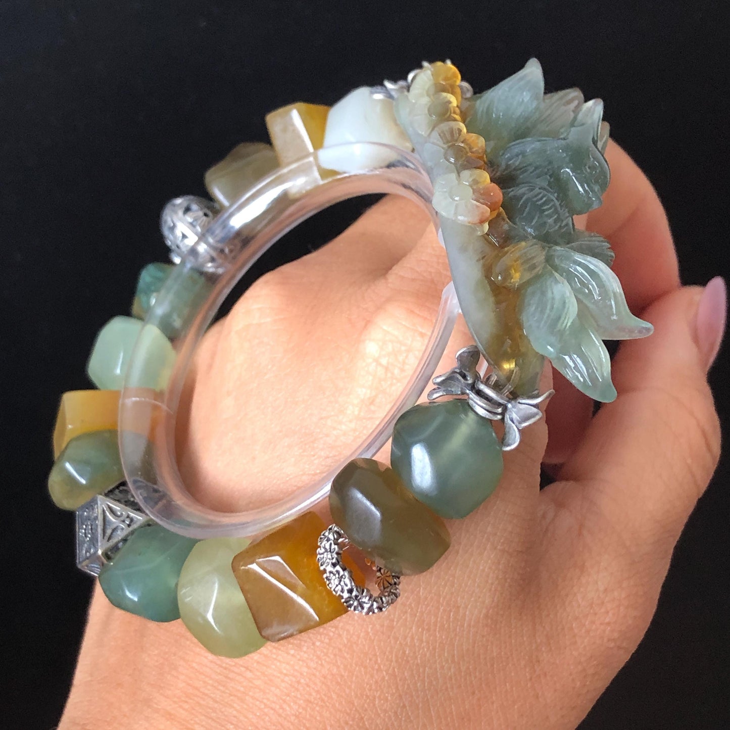 Natural Xiu Jade Serpentine Hand Carved Nine-tailed Fox Charm & Flower with Irregular Bead Bracelet | Green Blue Brown White Jade | Vintage Tibetan Silver Accessory| Gift for her bracelet jade carving hand engraved green jade blue jade brown jade white jade hand engraved jade bracelet hand carved jade charm hand engraved jade pendant irregular bead bracelet elastic stretch bracelet dangle bracelet silver accessory vintage bracelet antique bracelet green jade nine tail fox carving engraved fox