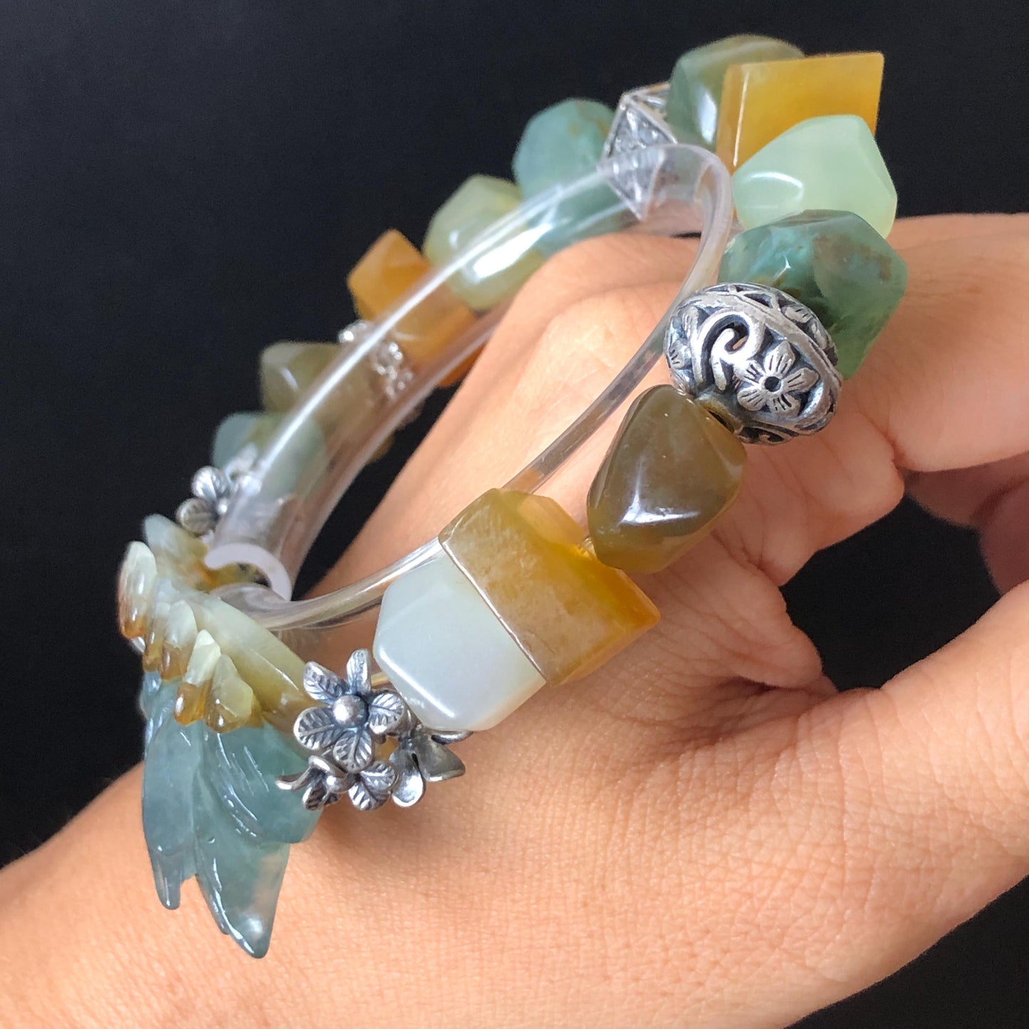 Natural Xiu Jade Serpentine Hand Carved Nine-tailed Fox Charm & Flower with Irregular Bead Bracelet | Green Blue Brown White Jade | Vintage Tibetan Silver Accessory| Gift for her bracelet jade carving hand engraved green jade blue jade brown jade white jade hand engraved jade bracelet hand carved jade charm hand engraved jade pendant irregular bead bracelet elastic stretch bracelet dangle bracelet silver accessory vintage bracelet antique bracelet green jade nine tail fox carving engraved fox