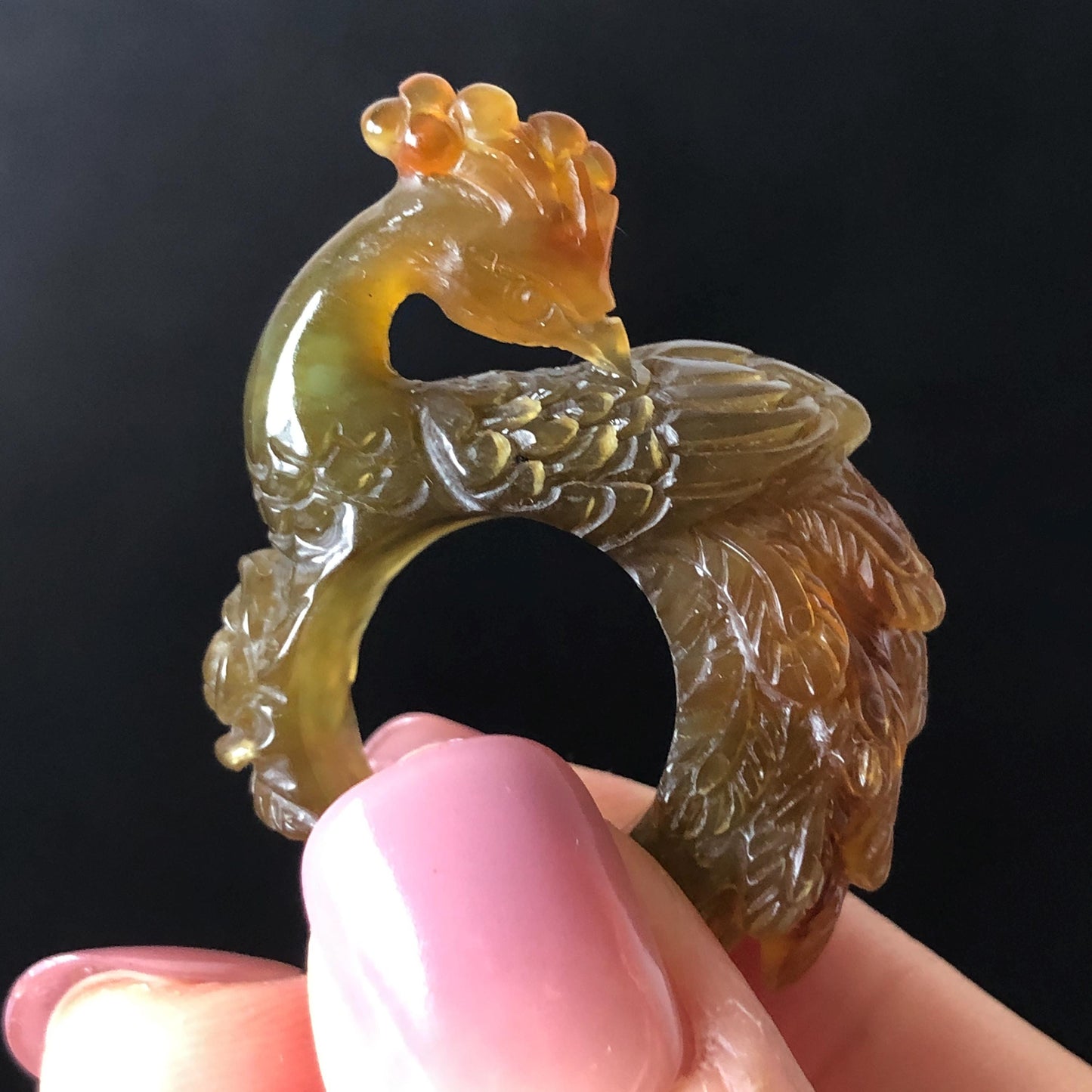 Natural Xiu Jade (Serpentine) Hand Carved Peacock Ring | 16mm (US 5.25) Green & Yellow Jade Ring Pendant | Handcraft Gemstone Crystal Stone 3D Pinky Ring gift for her yellow jade carving green jade nine tail fox carving hand engraved statement ring peony carving hand carved flower carving peacock carving natural untreated jade