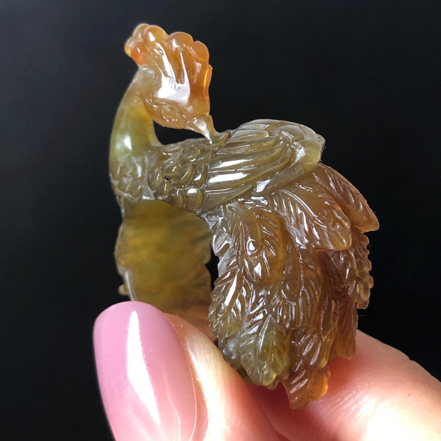 Natural Xiu Jade (Serpentine) Hand Carved Peacock Ring | 16mm (US 5.25) Green & Yellow Jade Ring Pendant | Handcraft Gemstone Crystal Stone 3D Pinky Ring gift for her yellow jade carving green jade nine tail fox carving hand engraved statement ring peony carving hand carved flower carving peacock carving natural untreated jade