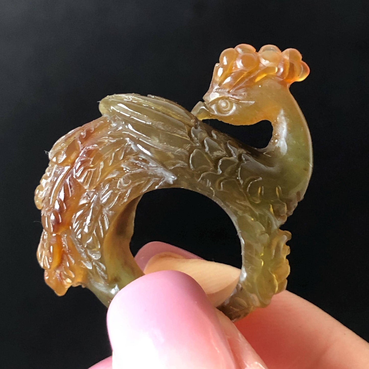 Natural Xiu Jade (Serpentine) Hand Carved Peacock Ring | 16mm (US 5.25) Green & Yellow Jade Ring Pendant | Handcraft Gemstone Crystal Stone 3D Pinky Ring gift for her yellow jade carving green jade nine tail fox carving hand engraved statement ring peony carving hand carved flower carving peacock carving natural untreated jade