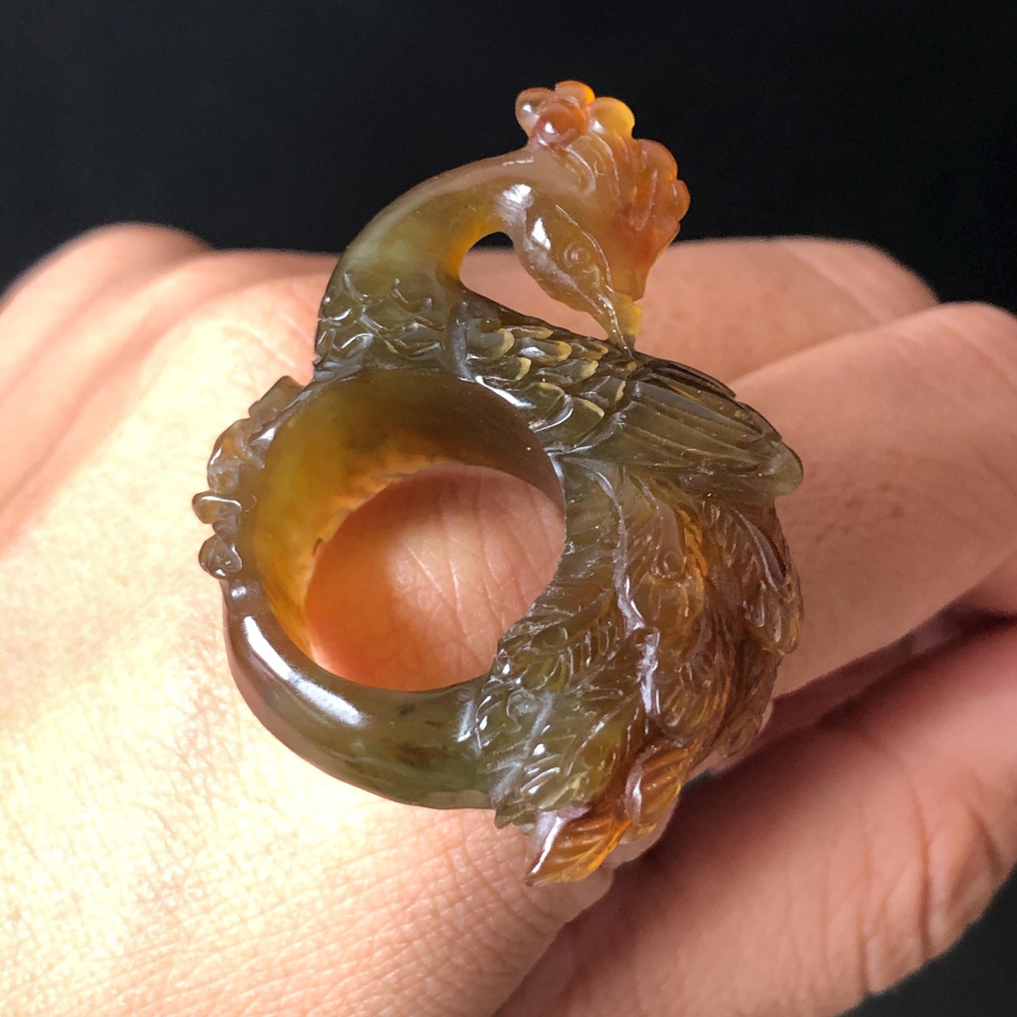 Natural Xiu Jade (Serpentine) Hand Carved Peacock Ring | 16mm (US 5.25) Green & Yellow Jade Ring Pendant | Handcraft Gemstone Crystal Stone 3D Pinky Ring gift for her yellow jade carving green jade nine tail fox carving hand engraved statement ring peony carving hand carved flower carving peacock carving natural untreated jade
