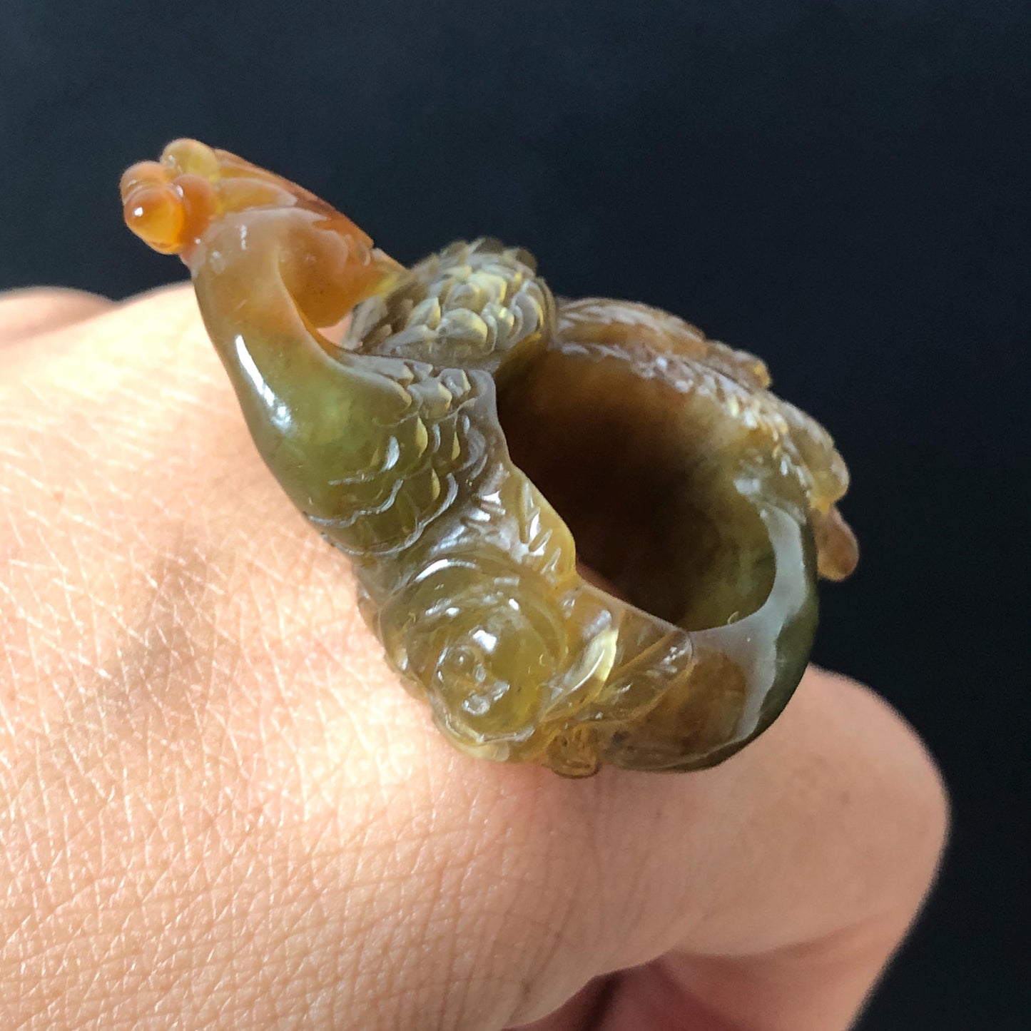 Natural Xiu Jade (Serpentine) Hand Carved Peacock Ring | 16mm (US 5.25) Green & Yellow Jade Ring Pendant | Handcraft Gemstone Crystal Stone 3D Pinky Ring gift for her yellow jade carving green jade nine tail fox carving hand engraved statement ring peony carving hand carved flower carving peacock carving natural untreated jade