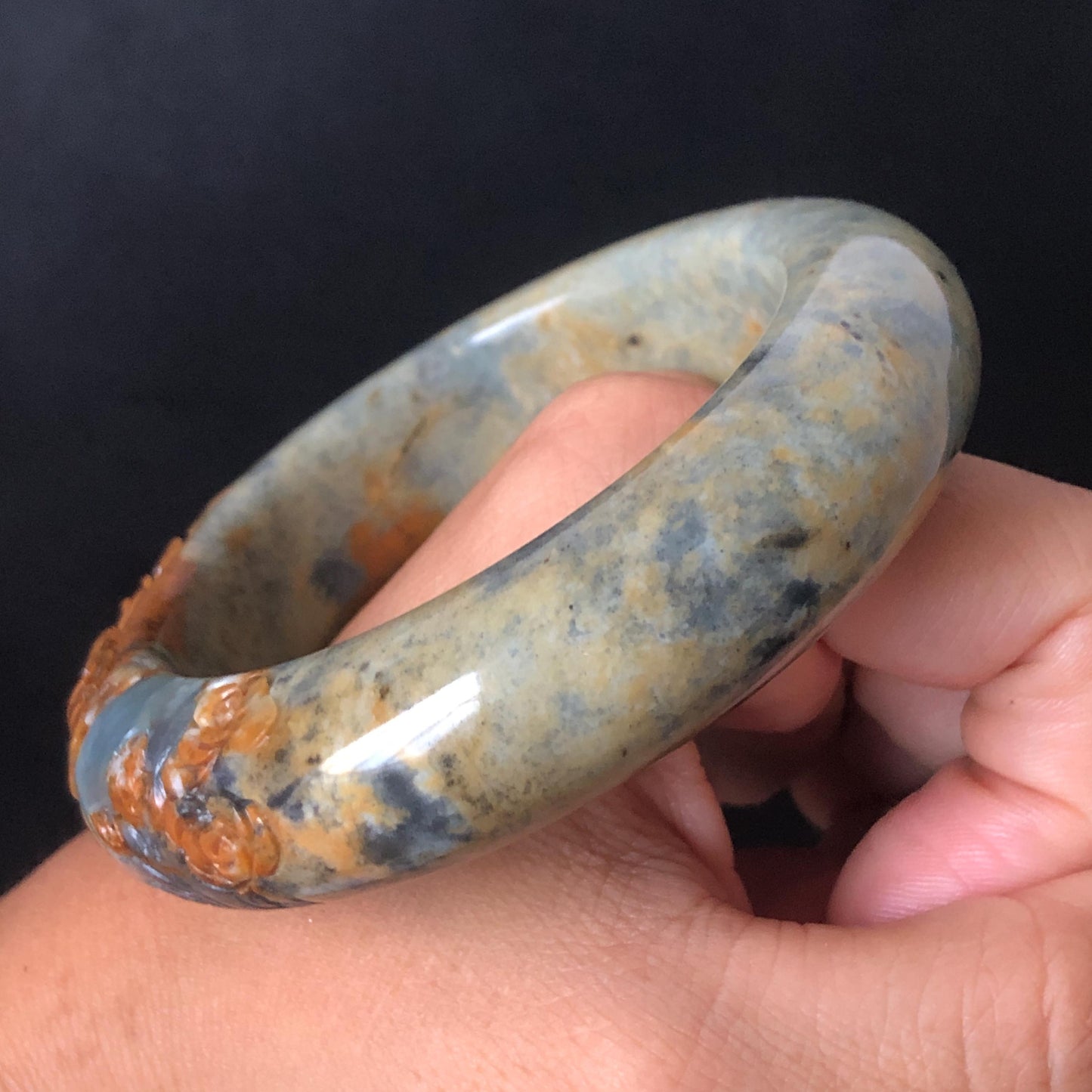 58.7mm Xiu Jade Serpentine Hand Carved Peony Flowers Bangle | Natural Brown Green Blue Jade Handcrafted Bracelet | Stone Carving Gemstone Jewelry Gift for her wide jade bangle jade carving hand engraved stone carving natural untreated jade bracelet green jade blue jade brown jade handcraft jade peony carving flower carving chinese jade vintage bangle antique bracelet