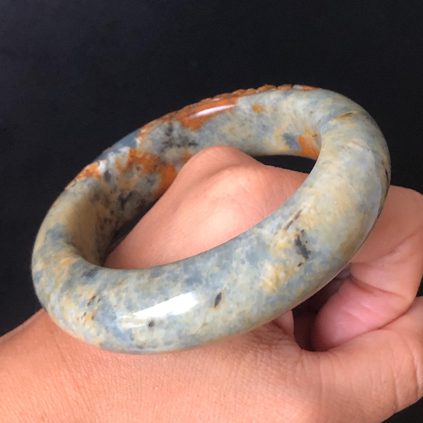 58.7mm Xiu Jade Serpentine Hand Carved Peony Flowers Bangle | Natural Brown Green Blue Jade Handcrafted Bracelet | Stone Carving Gemstone Jewelry Gift for her wide jade bangle jade carving hand engraved stone carving natural untreated jade bracelet green jade blue jade brown jade handcraft jade peony carving flower carving chinese jade vintage bangle antique bracelet
