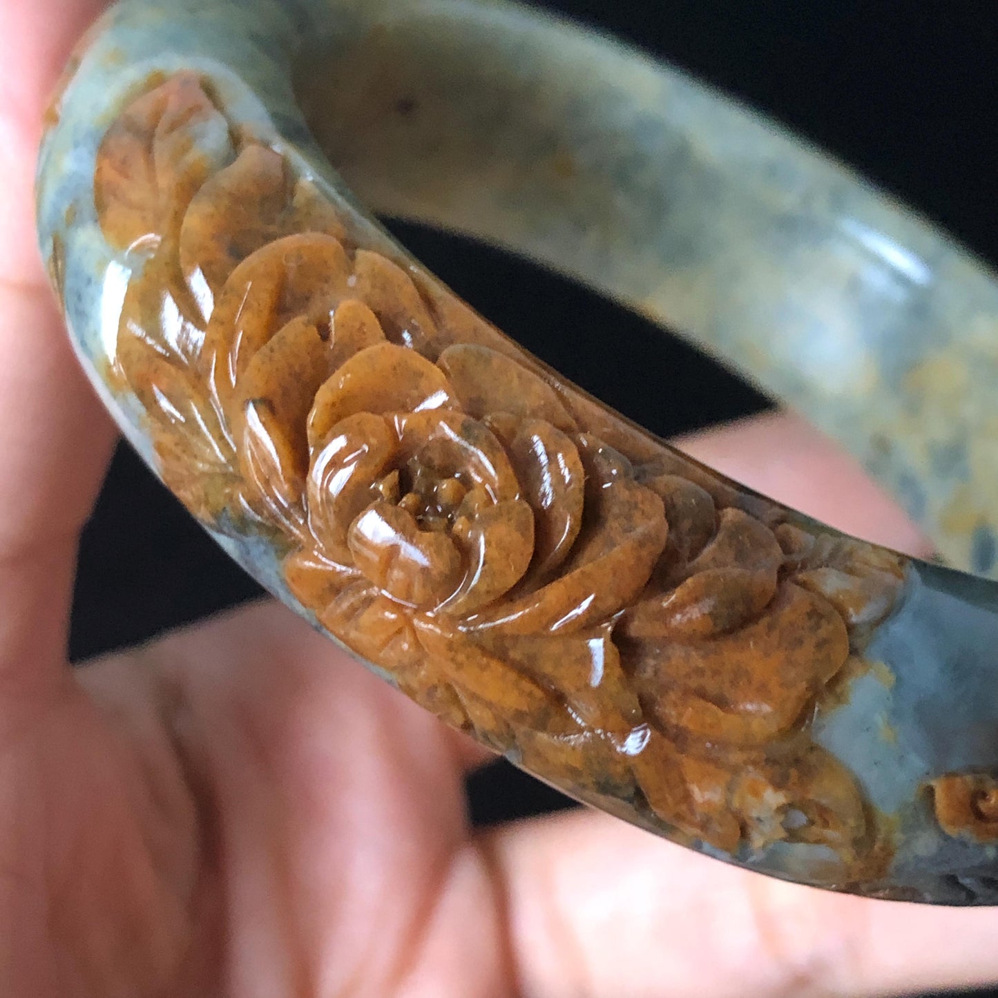 58.7mm Xiu Jade Serpentine Hand Carved Peony Flowers Bangle | Natural Brown Green Blue Jade Handcrafted Bracelet | Stone Carving Gemstone Jewelry Gift for her wide jade bangle jade carving hand engraved stone carving natural untreated jade bracelet green jade blue jade brown jade handcraft jade peony carving flower carving chinese jade vintage bangle antique bracelet