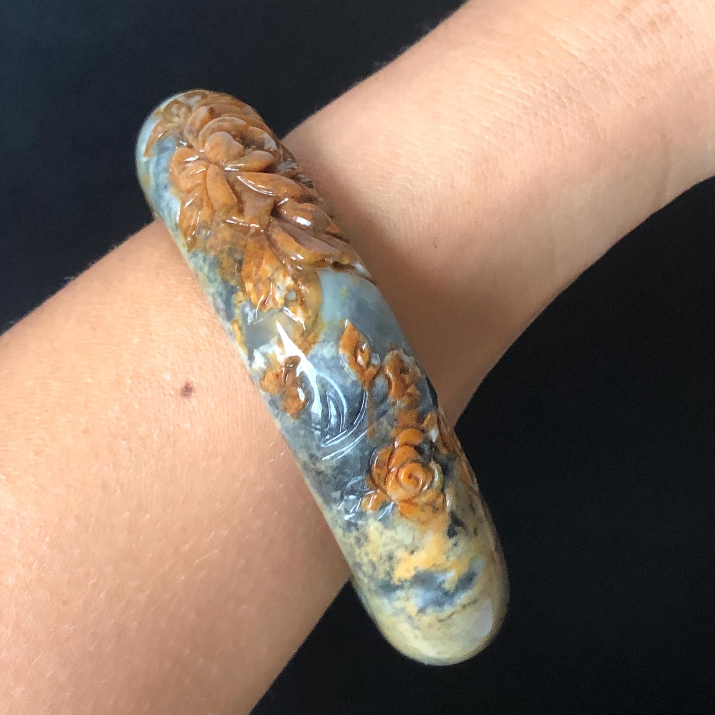58.7mm Xiu Jade Serpentine Hand Carved Peony Flowers Bangle | Natural Brown Green Blue Jade Handcrafted Bracelet | Stone Carving Gemstone Jewelry Gift for her wide jade bangle jade carving hand engraved stone carving natural untreated jade bracelet green jade blue jade brown jade handcraft jade peony carving flower carving chinese jade vintage bangle antique bracelet