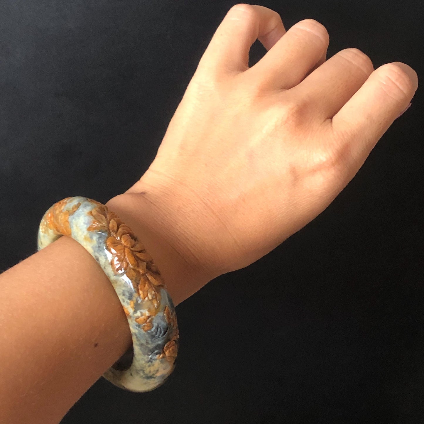 58.7mm Xiu Jade Serpentine Hand Carved Peony Flowers Bangle | Natural Brown Green Blue Jade Handcrafted Bracelet | Stone Carving Gemstone Jewelry Gift for her wide jade bangle jade carving hand engraved stone carving natural untreated jade bracelet green jade blue jade brown jade handcraft jade peony carving flower carving chinese jade vintage bangle antique bracelet