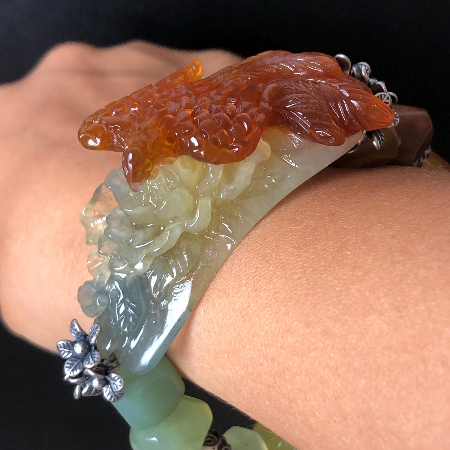 Natural Xiu Jade Serpentine Hand Carved Phoenix & Peony Flower Charm with Irregular Bead Bracelet | Reddish Orange Jade | Vintage Tibetan Silver | Crystal Stone Gemstone Personalized Gift for her Natural Multi-coloured Jade customised bracelet hand engraved jade bracelet carved charm carved pendant phoenix carving peony bracelet yellow jade green jade blue jade red jade silver bracelet tailor made bracelet personalised bracelet diy bracelet untreated jade elastic stretch bracelet