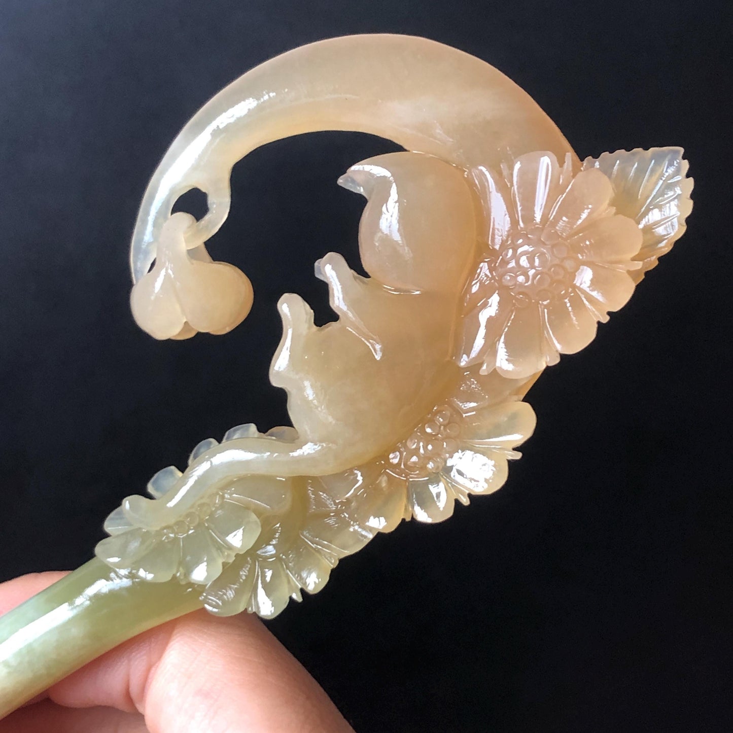 Xiu Jade Serpentine Hand Carved Cat on Moon Hair Pin with Dangle | Natural Certified Peach Coral Jade Flower Hair Stick | Asian Chinese Vintage Hair Fork gift for her hand engraved coral jade white jade green jade peach jade orange jade carving korean hair stick japanese hair pin hanfu hair comb chinese hair clip kitten carving handcraft cat carving dangle hair stick chinese jade hair stick antique hairpins untreated jade certificate stone carving hair jewelry cat lover gift