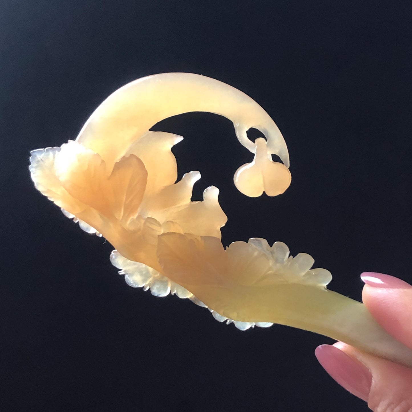 Xiu Jade Serpentine Hand Carved Cat on Moon Hair Pin with Dangle | Natural Certified Peach Coral Jade Flower Hair Stick | Asian Chinese Vintage Hair Fork gift for her hand engraved coral jade white jade green jade peach jade orange jade carving korean hair stick japanese hair pin hanfu hair comb chinese hair clip kitten carving handcraft cat carving dangle hair stick chinese jade hair stick antique hairpins untreated jade certificate stone carving hair jewelry cat lover gift