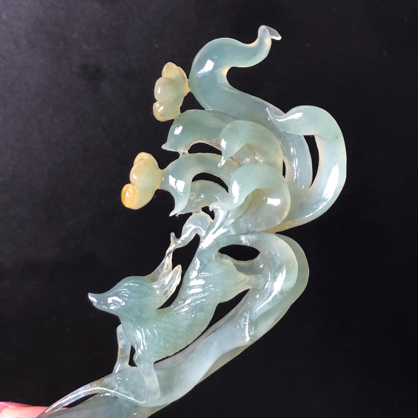 Natural Xiu Jade (Serpentine) Hand Carved Nine tailed fox Hair Pin | Handcrafted Green Yellow Jade Hair Stick with Certificate | Asian Chinese Vintage Style Jade hair comb japanese hairpins koran hair stick hanfu hair pin hair comb hair fork antique hair stick certified jade carving hand carved fox carving green jade yellow jade hand engraved jade gift for her bridal shower hair clip wedding hair jewelry handcrafted jade fox lover gift