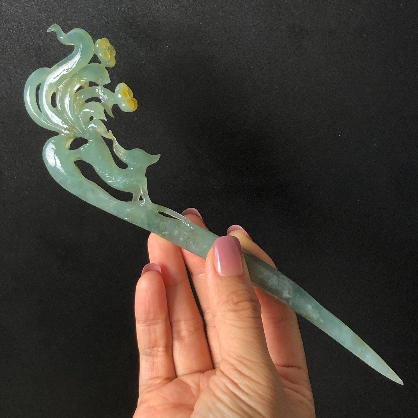 Natural Xiu Jade (Serpentine) Hand Carved Nine tailed fox Hair Pin | Handcrafted Green Yellow Jade Hair Stick with Certificate | Asian Chinese Vintage Style Jade hair comb japanese hairpins koran hair stick hanfu hair pin hair comb hair fork antique hair stick certified jade carving hand carved fox carving green jade yellow jade hand engraved jade gift for her bridal shower hair clip wedding hair jewelry handcrafted jade fox lover gift