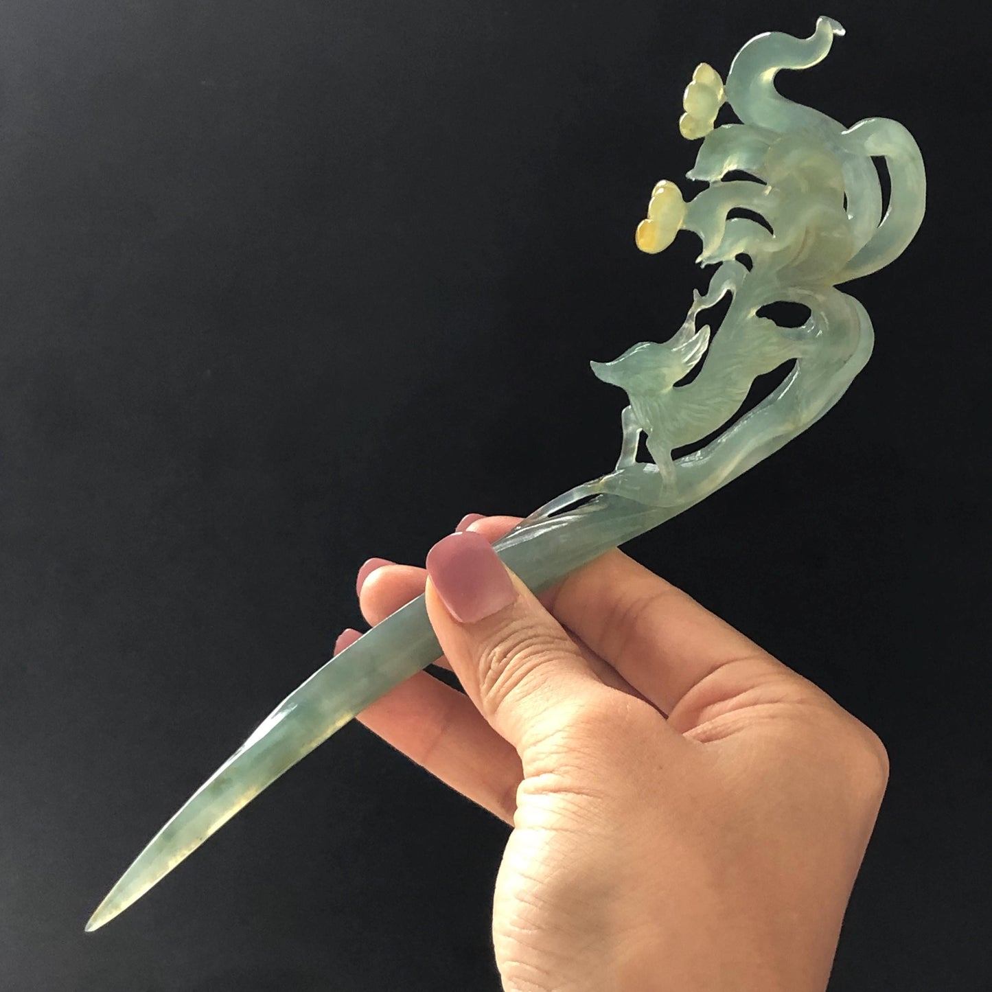 Natural Xiu Jade (Serpentine) Hand Carved Nine tailed fox Hair Pin | Handcrafted Green Yellow Jade Hair Stick with Certificate | Asian Chinese Vintage Style Jade hair comb japanese hairpins koran hair stick hanfu hair pin hair comb hair fork antique hair stick certified jade carving hand carved fox carving green jade yellow jade hand engraved jade gift for her bridal shower hair clip wedding hair jewelry handcrafted jade fox lover gift