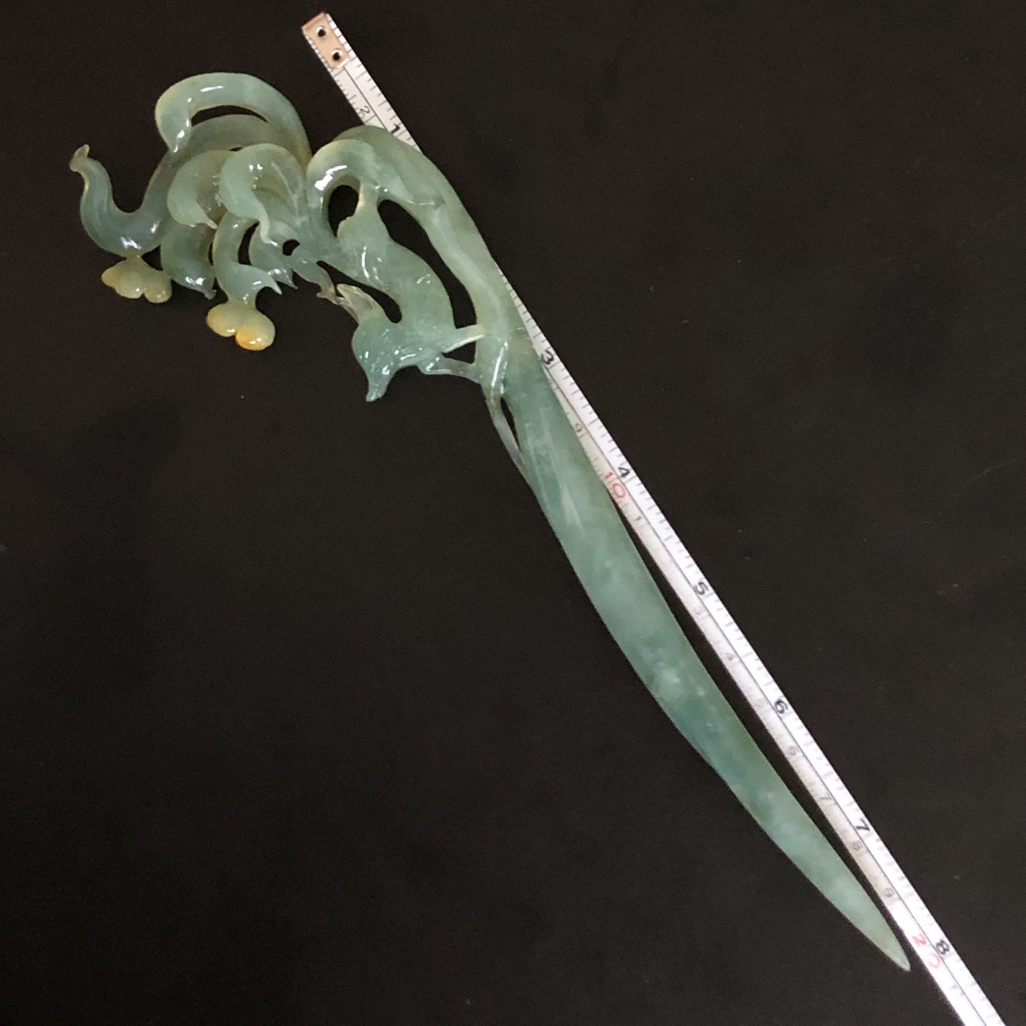 Natural Xiu Jade (Serpentine) Hand Carved Nine tailed fox Hair Pin | Handcrafted Green Yellow Jade Hair Stick with Certificate | Asian Chinese Vintage Style Jade hair comb japanese hairpins koran hair stick hanfu hair pin hair comb hair fork antique hair stick certified jade carving hand carved fox carving green jade yellow jade hand engraved jade gift for her bridal shower hair clip wedding hair jewelry handcrafted jade fox lover gift