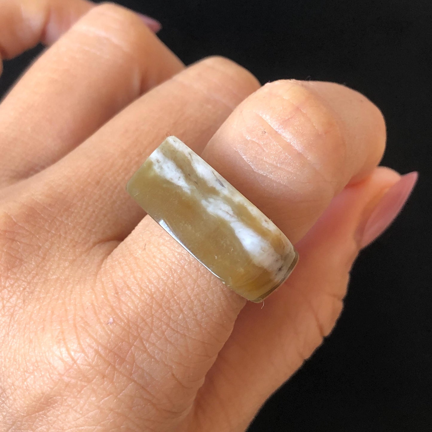 Natural Nephrite Jade Band Ring | US 6.5 | Untreated White Jade & Brown Jade Pinky Ring | Milk Coffee Latte | Women Statement Ring gift for her untreated jade stackable ring cocktail ring for men square ring vintage ring chinese jade stone ring thumb ring ring pendant brown jade ring white jade ring
