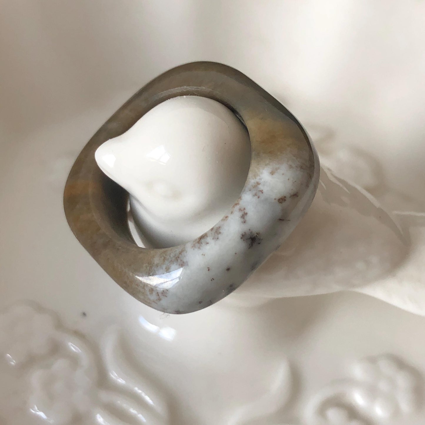 Natural Nephrite Jade Band Ring | US 6.5 | Untreated White Jade & Brown Jade Ring | Oreo Cookie Style | Women Statement Ring Stackable Ring gift for her untreated jade stackable ring cocktail ring for men square ring vintage ring chinese jade stone ring thumb ring ring pendant brown jade ring white jade ring pinky ring