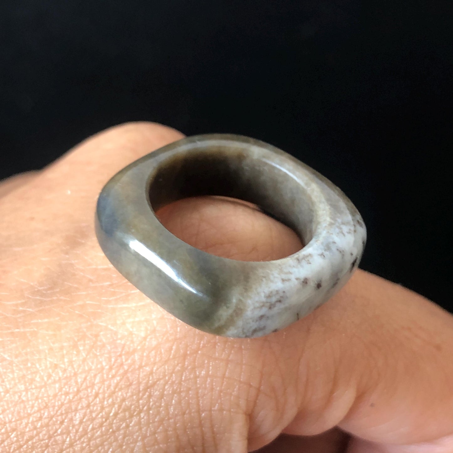 Natural Nephrite Jade Band Ring | US 6.5 | Untreated White Jade & Brown Jade Ring | Oreo Cookie Style | Women Statement Ring Stackable Ring gift for her untreated jade stackable ring cocktail ring for men square ring vintage ring chinese jade stone ring thumb ring ring pendant brown jade ring white jade ring pinky ring