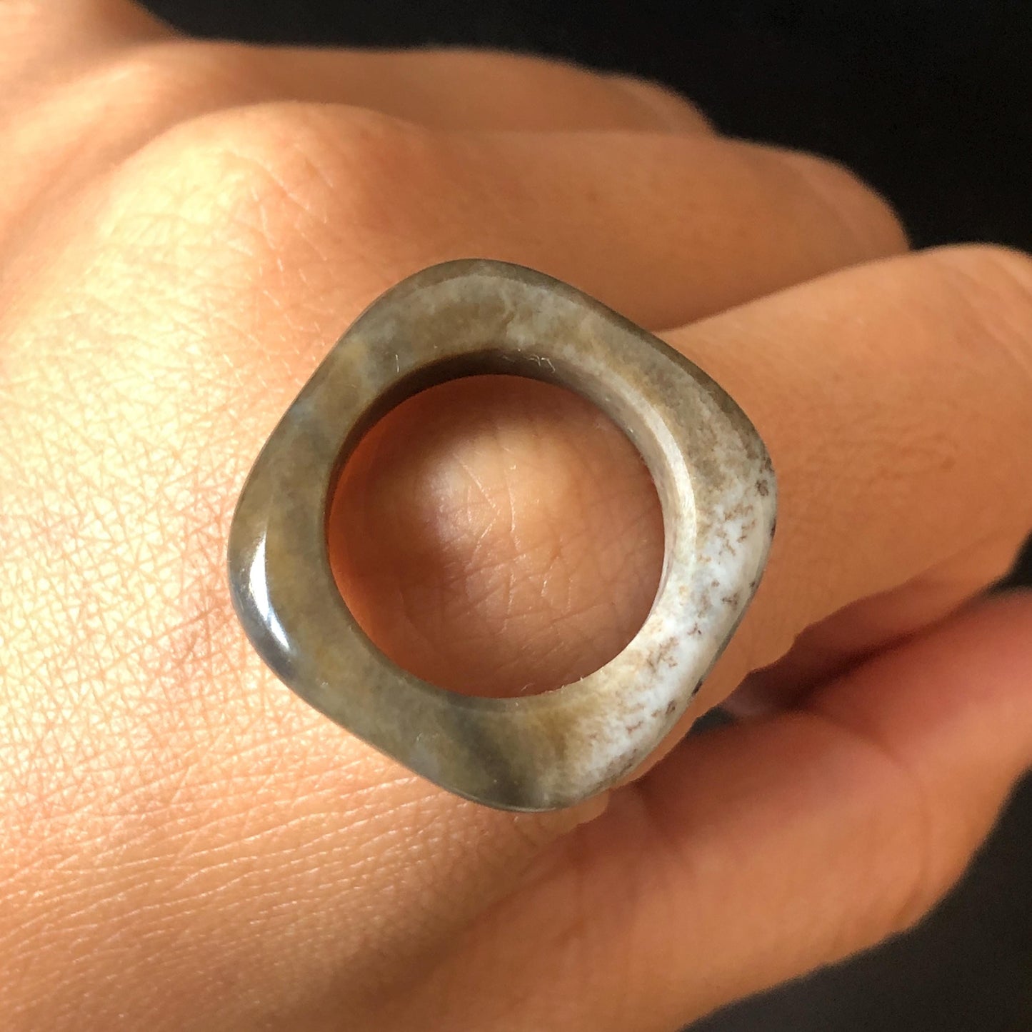 Natural Nephrite Jade Band Ring | US 6.5 | Untreated White Jade & Brown Jade Ring | Oreo Cookie Style | Women Statement Ring Stackable Ring gift for her untreated jade stackable ring cocktail ring for men square ring vintage ring chinese jade stone ring thumb ring ring pendant brown jade ring white jade ring pinky ring