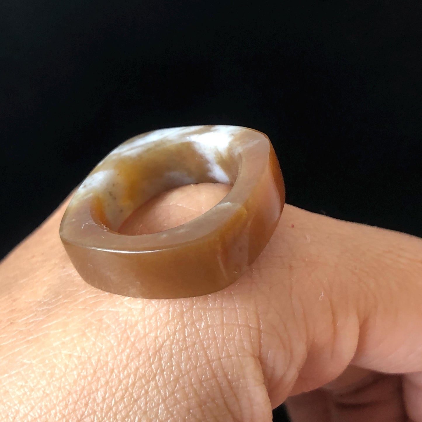 Natural Nephrite Jade Band Ring | US 5.25 | Untreated White Jade & Brown Jade Pinky Ring | Milk Coffee Latte | Women Statement Ring Stackable Ring gift for her untreated jade stackable ring cocktail ring for men square ring vintage ring chinese jade stone ring thumb ring ring pendant brown jade ring white jade ring