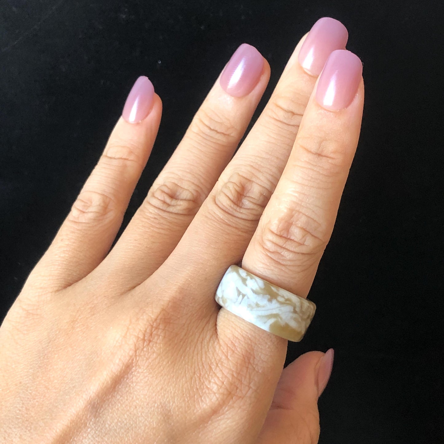 Natural Nephrite Jade Band Ring | US 6.25 | White Jade & Brown Jade Pinky Ring | Milk Coffee Latte | Women Statement Ring Stackable Ring