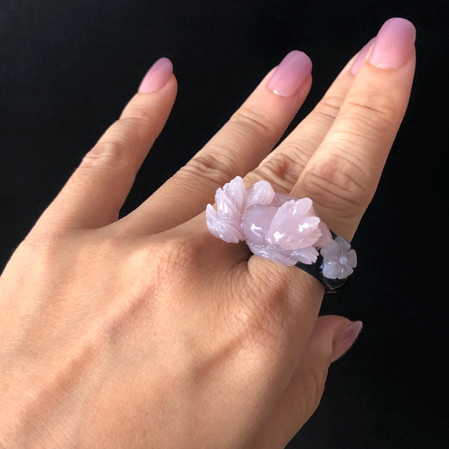 Custom Size! Xiu Jade Serpentine Hand Carved Nine Tail Fox Flower Statement Ring | Black & Pink Jade Ring Pendant | 3D Stone Carving | Handcrafted Crystal Gemstone Gift black jade carving pink jade carbonate jade ring hand carved jade band ring bird carving flower carving plum blossom natural jade band ring cocktail ring gift for her ring for women make to order ring big size ring small size ring personalized ring customised ring fox carving flower carving