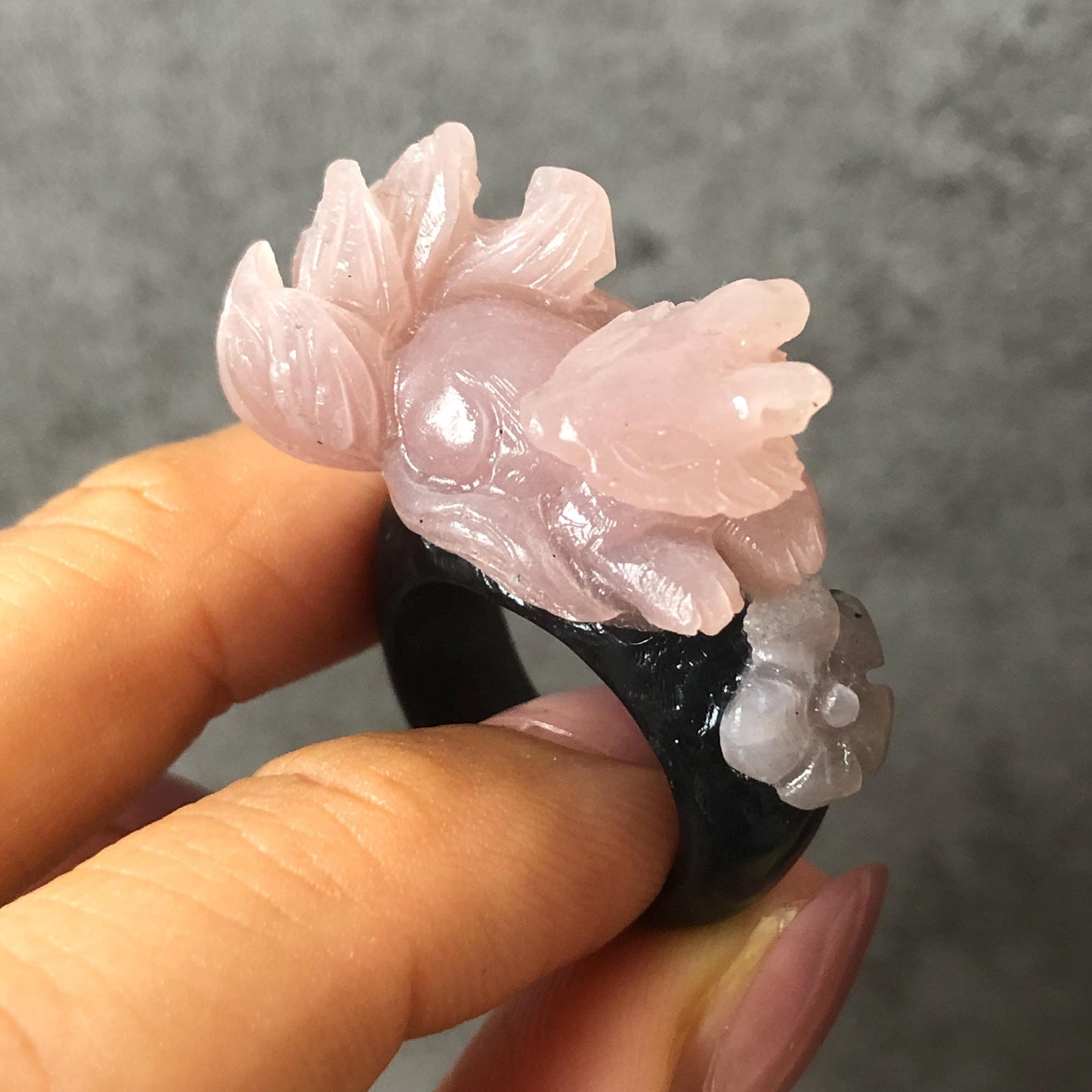 Custom Size! Xiu Jade Serpentine Hand Carved Nine Tail Fox Flower Statement Ring | Black & Pink Jade Ring Pendant | 3D Stone Carving | Handcrafted Crystal Gemstone Gift black jade carving pink jade carbonate jade ring hand carved jade band ring bird carving flower carving plum blossom natural jade band ring cocktail ring gift for her ring for women make to order ring big size ring small size ring personalized ring customised ring fox carving flower carving