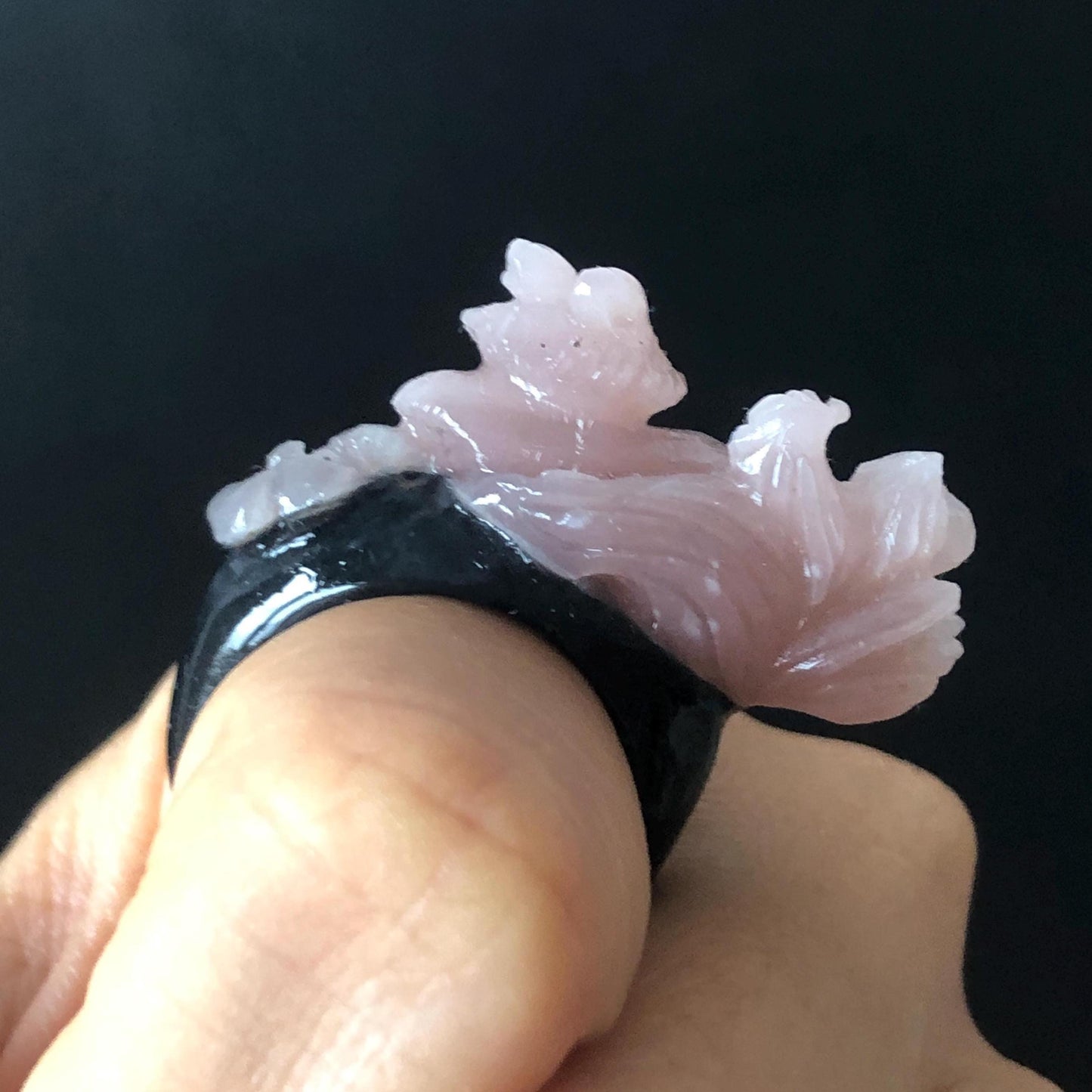Custom Size! Xiu Jade Serpentine Hand Carved Nine Tail Fox Flower Statement Ring | Black & Pink Jade Ring Pendant | 3D Stone Carving | Handcrafted Crystal Gemstone Gift black jade carving pink jade carbonate jade ring hand carved jade band ring bird carving flower carving plum blossom natural jade band ring cocktail ring gift for her ring for women make to order ring big size ring small size ring personalized ring customised ring fox carving flower carving
