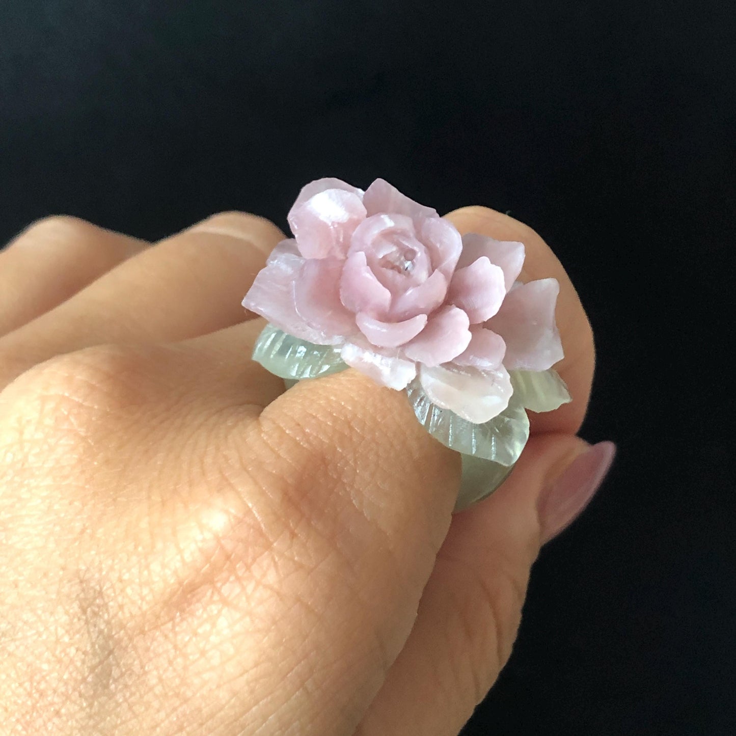 Custom Size! Xiu Jade Serpentine Hand Carved Peony Flower Statement Ring | Green & Pink Jade Ring Pendant | 3D Stone Carving | Handcrafted Crystal Gemstone Gift Gift black jade carving pink jade carbonate jade ring hand carved jade band ring bird carving flower carving plum blossom natural jade band ring cocktail ring gift for her ring for women make to order ring big size ring small size ring personalized ring customised ring flower ring flower carving