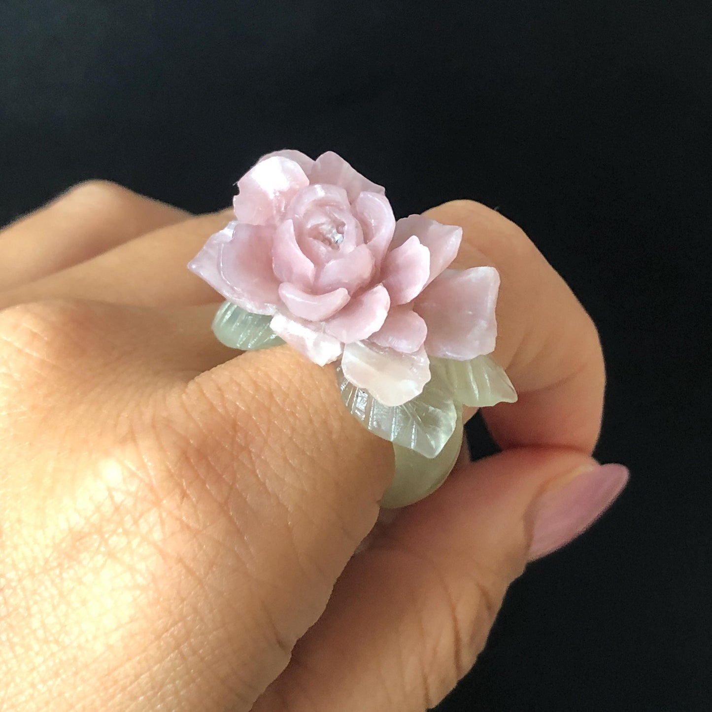 Custom Size! Xiu Jade Serpentine Hand Carved Peony Flower Statement Ring | Green & Pink Jade Ring Pendant | 3D Stone Carving | Handcrafted Crystal Gemstone Gift Gift black jade carving pink jade carbonate jade ring hand carved jade band ring bird carving flower carving plum blossom natural jade band ring cocktail ring gift for her ring for women make to order ring big size ring small size ring personalized ring customised ring flower ring flower carving green jade pink jade