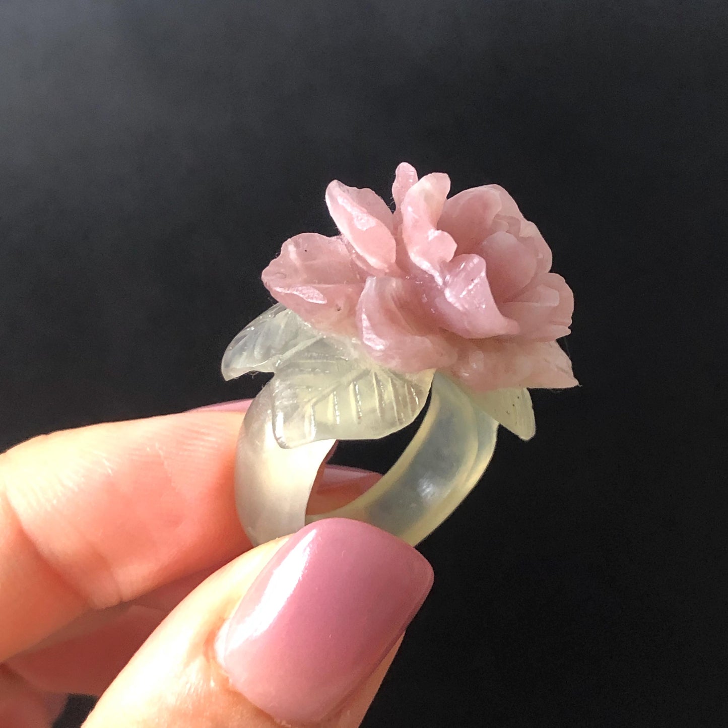 Custom Size! Xiu Jade Serpentine Hand Carved Peony Flower Statement Ring | Green & Pink Jade Ring Pendant | 3D Stone Carving | Handcrafted Crystal Gemstone Gift Gift black jade carving pink jade carbonate jade ring hand carved jade band ring bird carving flower carving plum blossom natural jade band ring cocktail ring gift for her ring for women make to order ring big size ring small size ring personalized ring customised ring flower ring flower carving green jade pink jade