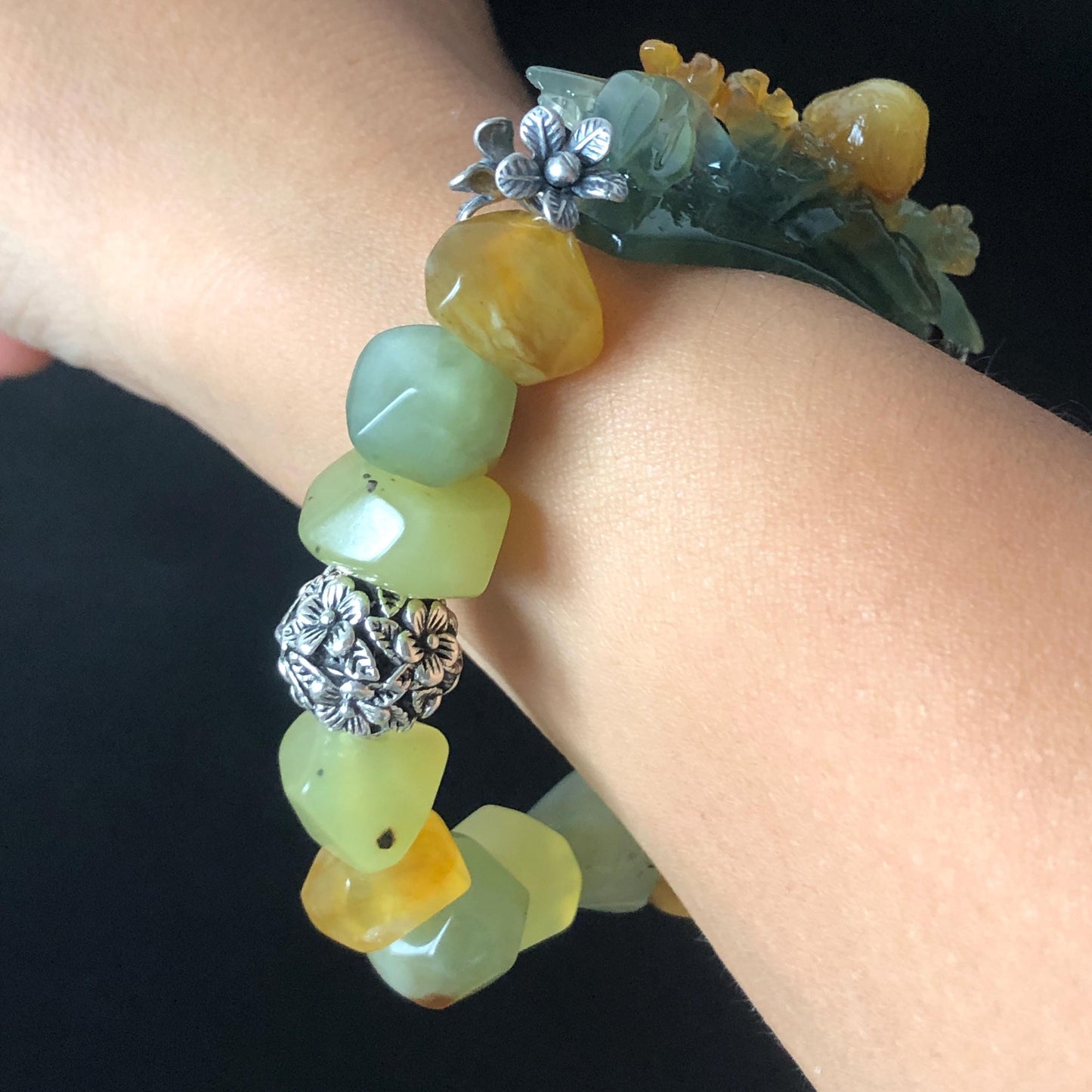 Natural Xiu Jade Serpentine Hand Carved Bird Bamboo Flower Charm with Irregular Bead Bracelet | Yellow & Green Jade | Vintage Tibetan Silver Accessory | Handcrafted Crystal Stone Gemstone Gift for her bracelet jade carving hand engraved green jade yellow jade hand engraved jade bracelet hand carved jade charm engraved jade pendant irregular bead bracelet elastic stretch bracelet silver accessory vintage bracelet antique bracelet bird carving bamboo carving flower carving personalized bracelet
