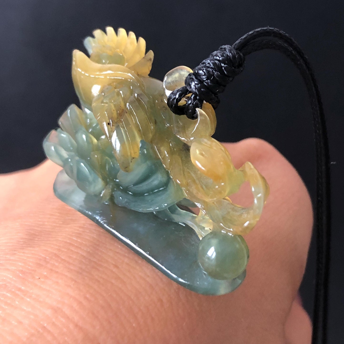 Xiu Jade Serpentine Hand Carved Phoenix Peony Pendant Adjustable Necklace | Natural Yellow & Green Jade | Handcrafted 3D Stone Carving Gift for her hand engraved stone pendant jade carving phoenix carving peony carving carved jade charm adjustable necklace untreated jade choker necklace handcraft jade stone carving crystal carving hand engraved gemstone green jade yellow jade phoenix lover gift vintage jade antique jade chinese jade