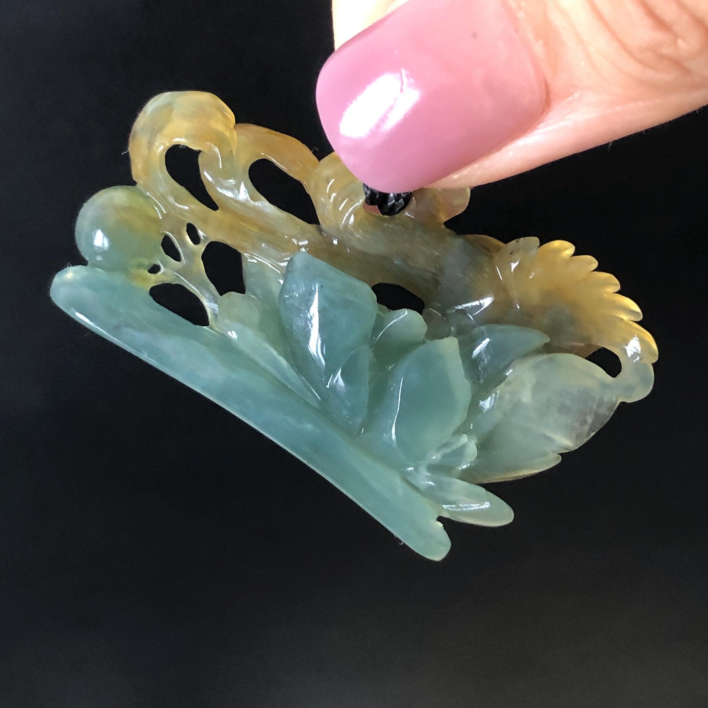 Xiu Jade Serpentine Hand Carved Phoenix Peony Pendant Adjustable Necklace | Natural Yellow & Green Jade | Handcrafted 3D Stone Carving Gift for her hand engraved stone pendant jade carving phoenix carving peony carving carved jade charm adjustable necklace untreated jade choker necklace handcraft jade stone carving crystal carving hand engraved gemstone green jade yellow jade phoenix lover gift vintage jade antique jade chinese jade