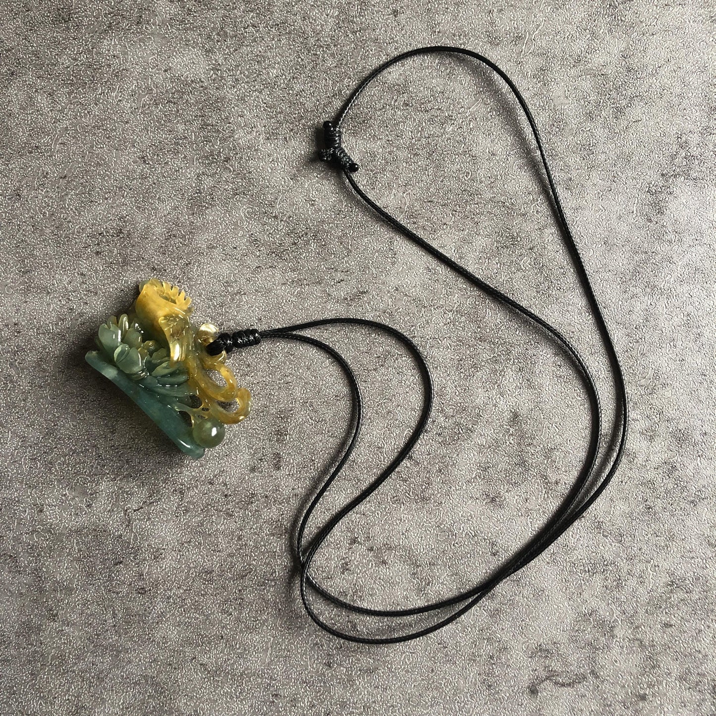 Xiu Jade Serpentine Hand Carved Phoenix Peony Pendant Adjustable Necklace | Natural Yellow & Green Jade | Handcrafted 3D Stone Carving Gift for her hand engraved stone pendant jade carving phoenix carving peony carving carved jade charm adjustable necklace untreated jade choker necklace handcraft jade stone carving crystal carving hand engraved gemstone green jade yellow jade phoenix lover gift vintage jade antique jade chinese jade