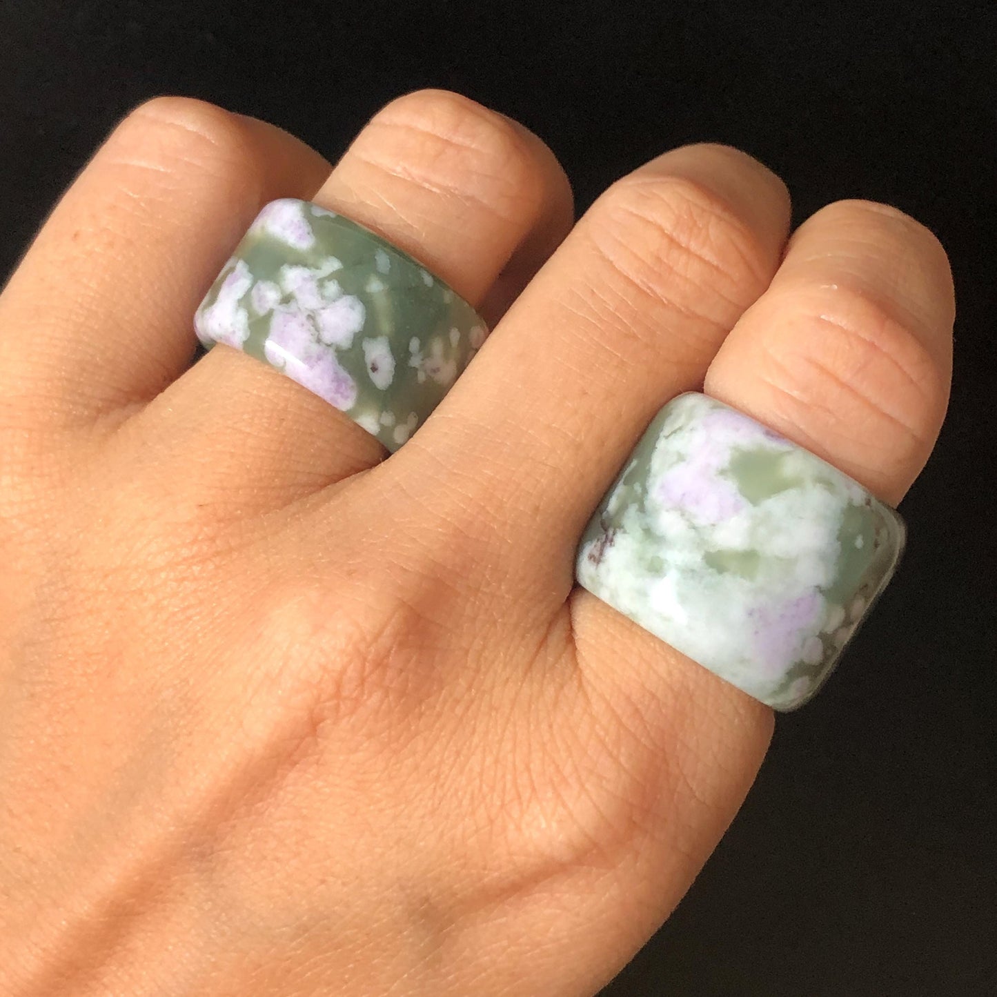 Natural Nephrite Jade Wide Band Ring | Green Jade with White & Purple Flower Pattern Thumb Ring | Wisteria Flowers | US 6.5-7.25 | White Jade Purple Jade flower statement ring for women ring pendant cocktail ring chinese jade ring vintage ring antique ring gift for her stone ring gemstone ring crystal ring