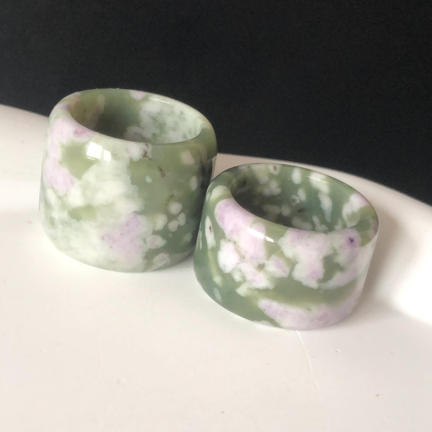 Natural Nephrite Jade Wide Band Ring | Green Jade with White & Purple Flower Pattern Thumb Ring | Wisteria Flowers | US 6.5-7.25 | White Jade Purple Jade flower statement ring for women ring pendant cocktail ring chinese jade ring vintage ring antique ring gift for her stone ring gemstone ring crystal ring