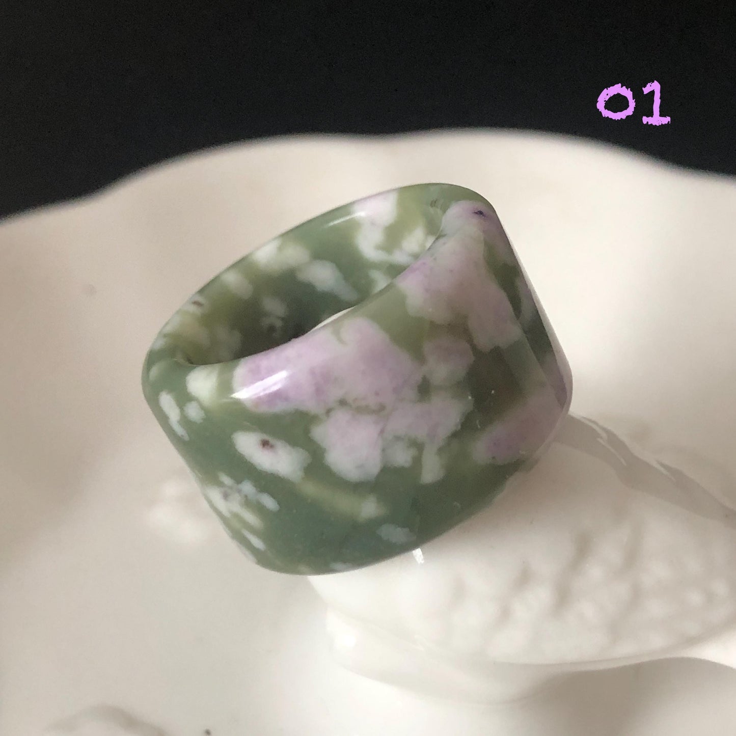 Natural Nephrite Jade Wide Band Ring | Green Jade with White & Purple Flower Pattern Thumb Ring | Wisteria Flowers | US 6.5-7.25 | White Jade Purple Jade flower statement ring for women ring pendant cocktail ring chinese jade ring vintage ring antique ring gift for her stone ring gemstone ring crystal ring