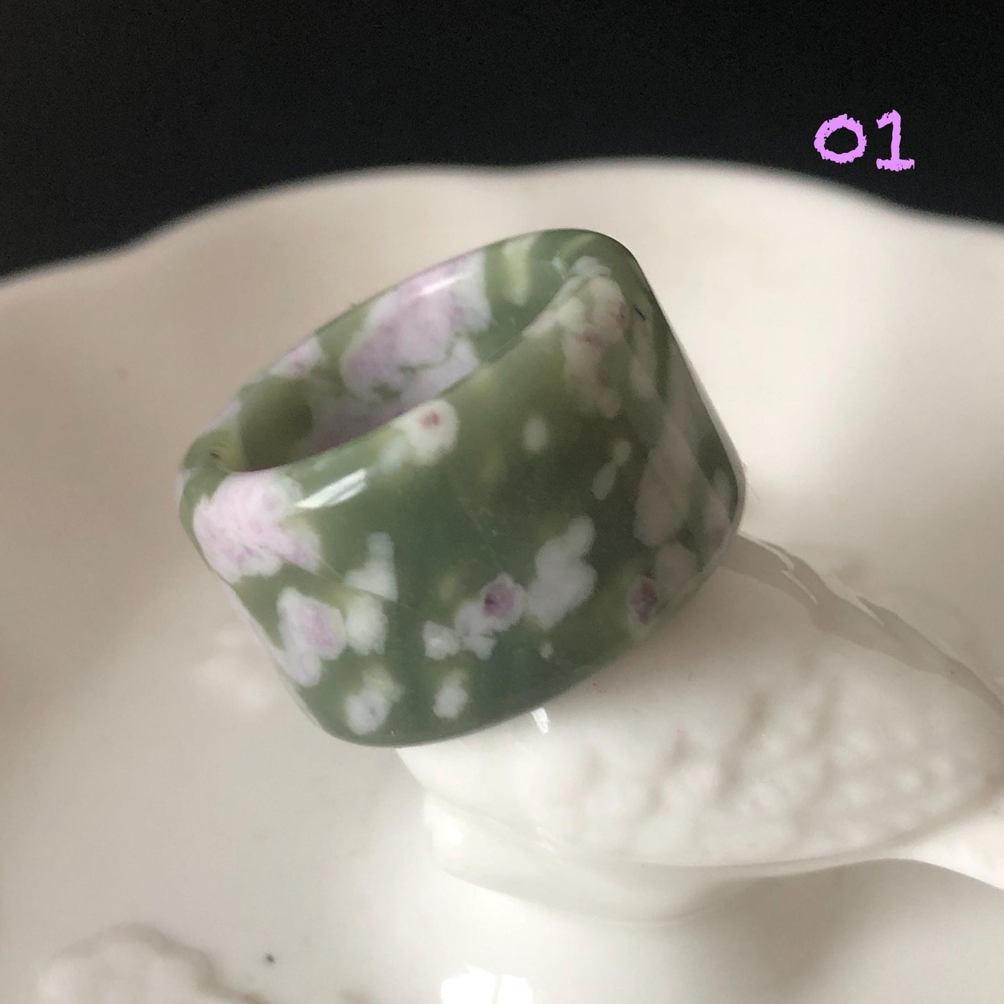 Natural Nephrite Jade Wide Band Ring | Green Jade with White & Purple Flower Pattern Thumb Ring | Wisteria Flowers | US 6.5-7.25 | White Jade Purple Jade flower statement ring for women ring pendant cocktail ring chinese jade ring vintage ring antique ring gift for her stone ring gemstone ring crystal ring