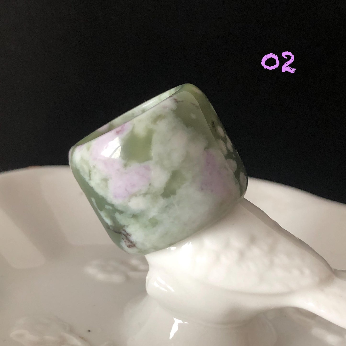 Natural Nephrite Jade Wide Band Ring | Green Jade with White & Purple Flower Pattern Thumb Ring | Wisteria Flowers | US 6.5-7.25 | White Jade Purple Jade flower statement ring for women ring pendant cocktail ring chinese jade ring vintage ring antique ring gift for her stone ring gemstone ring crystal ring