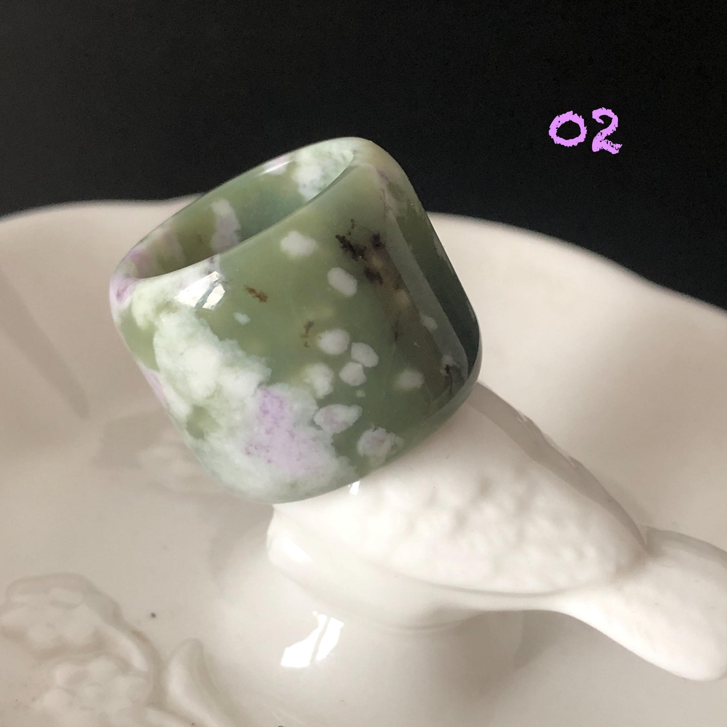 Natural Nephrite Jade Wide Band Ring | Green Jade with White & Purple Flower Pattern Thumb Ring | Wisteria Flowers | US 6.5-7.25 | White Jade Purple Jade flower statement ring for women ring pendant cocktail ring chinese jade ring vintage ring antique ring gift for her stone ring gemstone ring crystal ring