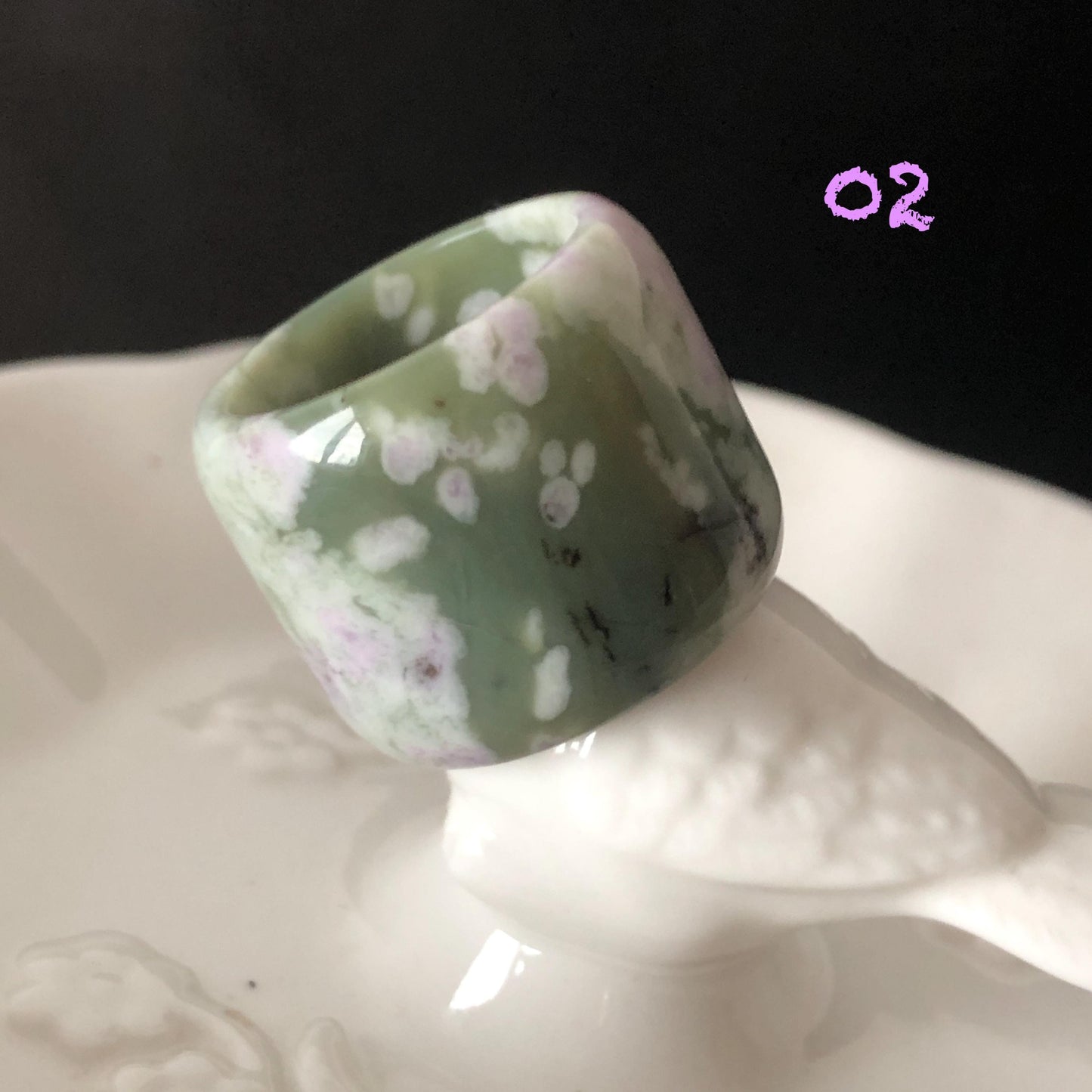 Natural Nephrite Jade Wide Band Ring | Green Jade with White & Purple Flower Pattern Thumb Ring | Wisteria Flowers | US 6.5-7.25 | White Jade Purple Jade flower statement ring for women ring pendant cocktail ring chinese jade ring vintage ring antique ring gift for her stone ring gemstone ring crystal ring