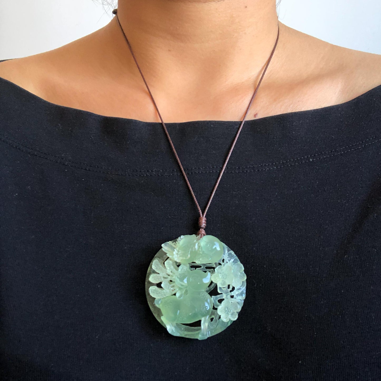 Certified Natural Xiu Jade Serpentine Hand Carved Magpie Birds Deer Flower Pendant Adjustable Necklace | Handcrafted Green Jade Charm Choker Gift for her Chinese Jade Vintage Pendant Antique Charm hand engrvaed jade necklace natural untreated jade with certificate deer carving magpie carving 3D stone carving bird carving plum blossom flower carving deer lover gift charm necklace gemstone carving wedding gift bridal shower gift