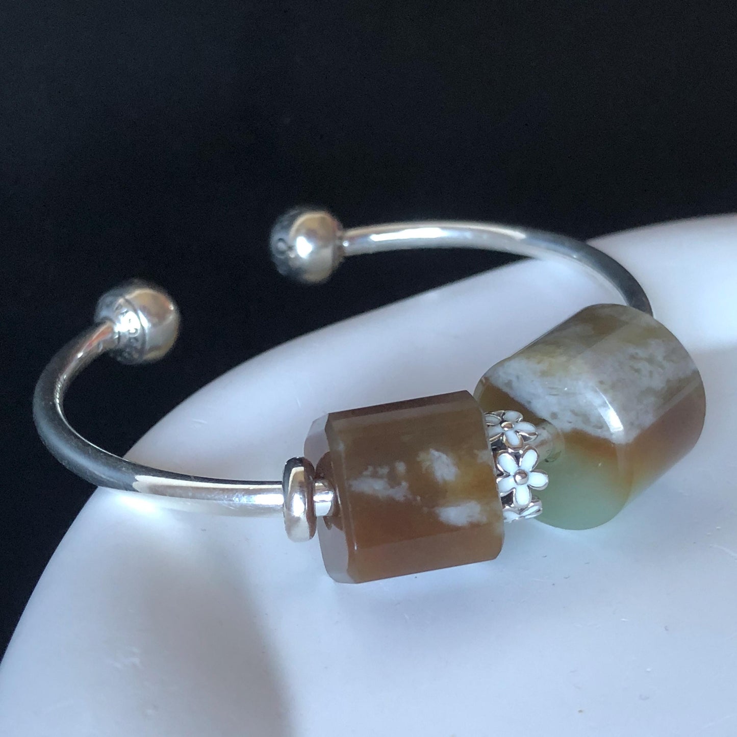 Natural Nephrite Jade Bead S925 Silver Flexible Open Bangle | Untreated White Jade Brown Jade Charm Bracelet Gift | Milk Coffee Latte Beads Pandora Bangle Pandora Bracelet Big Beaded Bracelet Jade Bead Bangle S925 Silver Bracelet Silver Bangle Chinese Jade Vintage Bangle Antique Bracelet Gift for her Flexible Bangle with movable end caps brown jade white jade