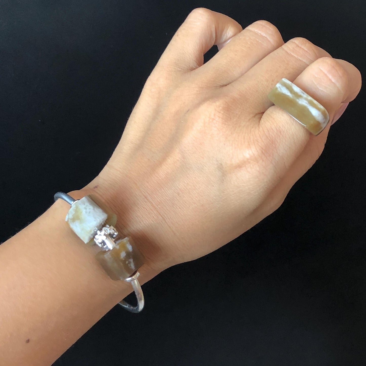 Natural Nephrite Jade Bead S925 Silver Flexible Open Bangle | Untreated White Jade Brown Jade Charm Bracelet Gift | Milk Coffee Latte Beads Pandora Bangle Pandora Bracelet Big Beaded Bracelet Jade Bead Bangle S925 Silver Bracelet Silver Bangle Chinese Jade Vintage Bangle Antique Bracelet Gift for her Flexible Bangle with movable end caps brown jade white jade