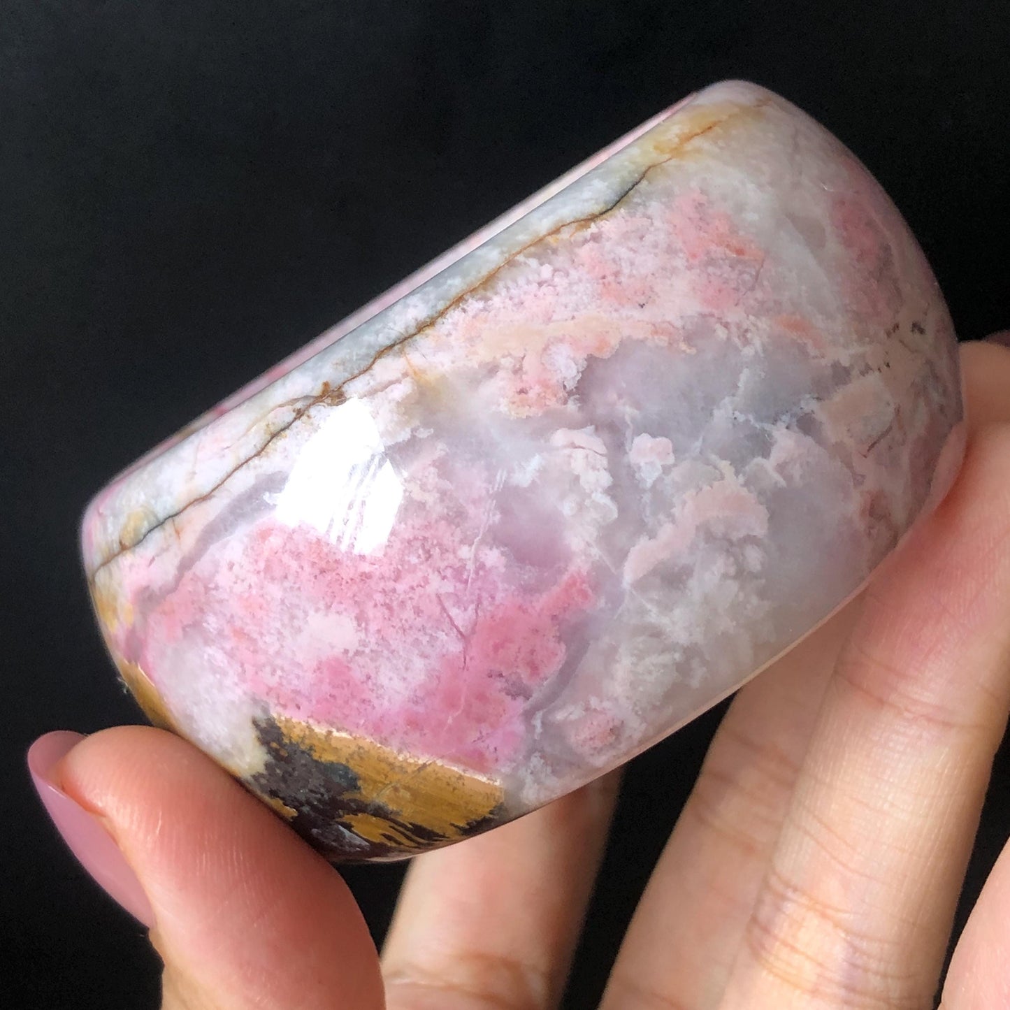 56.5mm Natural Rhodonite Stone Crystal Bangle | Dancing Flame | Golden Maple | Gold Yellow & Baby Pink Scenery Bracelet | Heart Chakra Healing Stone Gift for her, wide stone bangle, raw stone bangle, pink gemstone bracelet, pink rock bangle for women, rhodonite jewelry pink stone bangle Love Stone Meditative Stone Birthstone Bracelet Gesmstone bangle Maple Bracelet Vinatge Stone Bangle Antique Stone Bangle