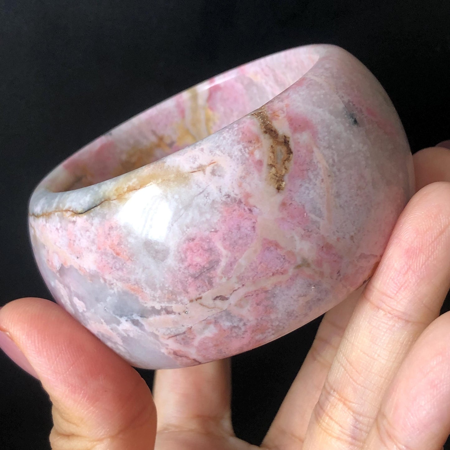 56.5mm Natural Rhodonite Stone Crystal Bangle | Dancing Flame | Golden Maple | Gold Yellow & Baby Pink Scenery Bracelet | Heart Chakra Healing Stone Gift for her, wide stone bangle, raw stone bangle, pink gemstone bracelet, pink rock bangle for women, rhodonite jewelry pink stone bangle Love Stone Meditative Stone Birthstone Bracelet Gesmstone bangle Maple Bracelet Vinatge Stone Bangle Antique Stone Bangle