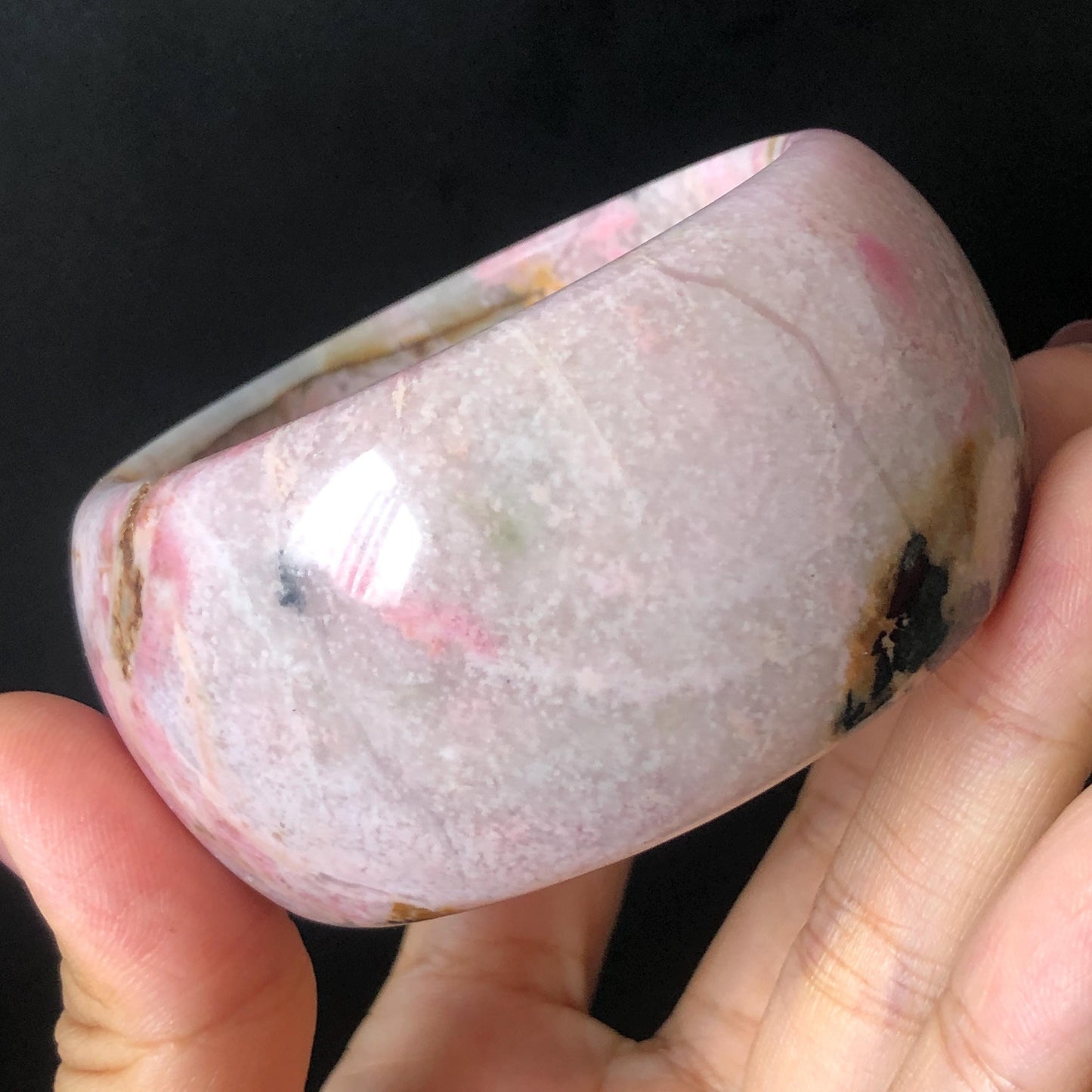 56.5mm Natural Rhodonite Stone Crystal Bangle | Dancing Flame | Golden Maple | Gold Yellow & Baby Pink Scenery Bracelet | Heart Chakra Healing Stone Gift for her, wide stone bangle, raw stone bangle, pink gemstone bracelet, pink rock bangle for women, rhodonite jewelry pink stone bangle Love Stone Meditative Stone Birthstone Bracelet Gesmstone bangle Maple Bracelet Vinatge Stone Bangle Antique Stone Bangle