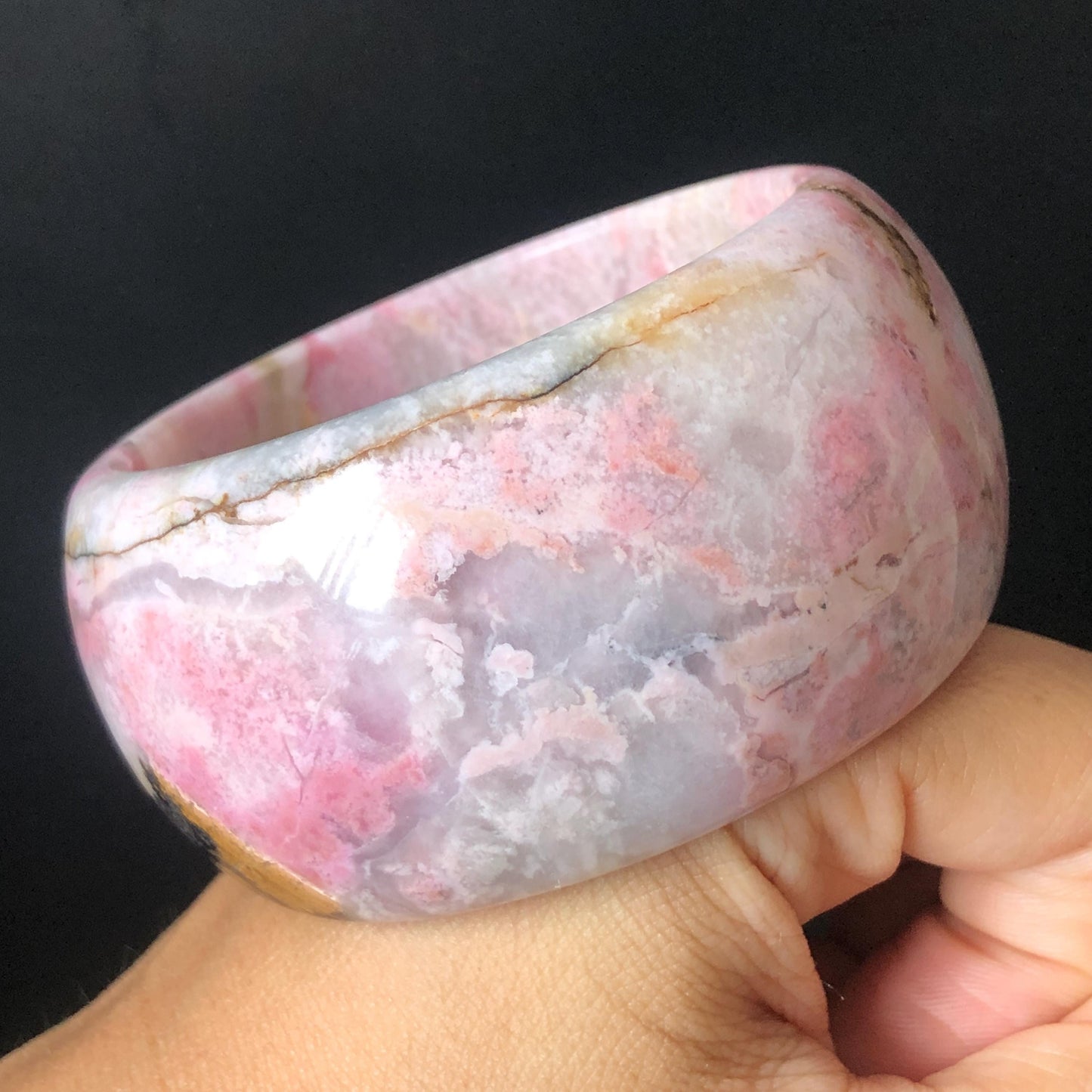 56.5mm Natural Rhodonite Stone Crystal Bangle | Dancing Flame | Golden Maple | Gold Yellow & Baby Pink Scenery Bracelet | Heart Chakra Healing Stone Gift for her, wide stone bangle, raw stone bangle, pink gemstone bracelet, pink rock bangle for women, rhodonite jewelry pink stone bangle Love Stone Meditative Stone Birthstone Bracelet Gesmstone bangle Maple Bracelet Vinatge Stone Bangle Antique Stone Bangle